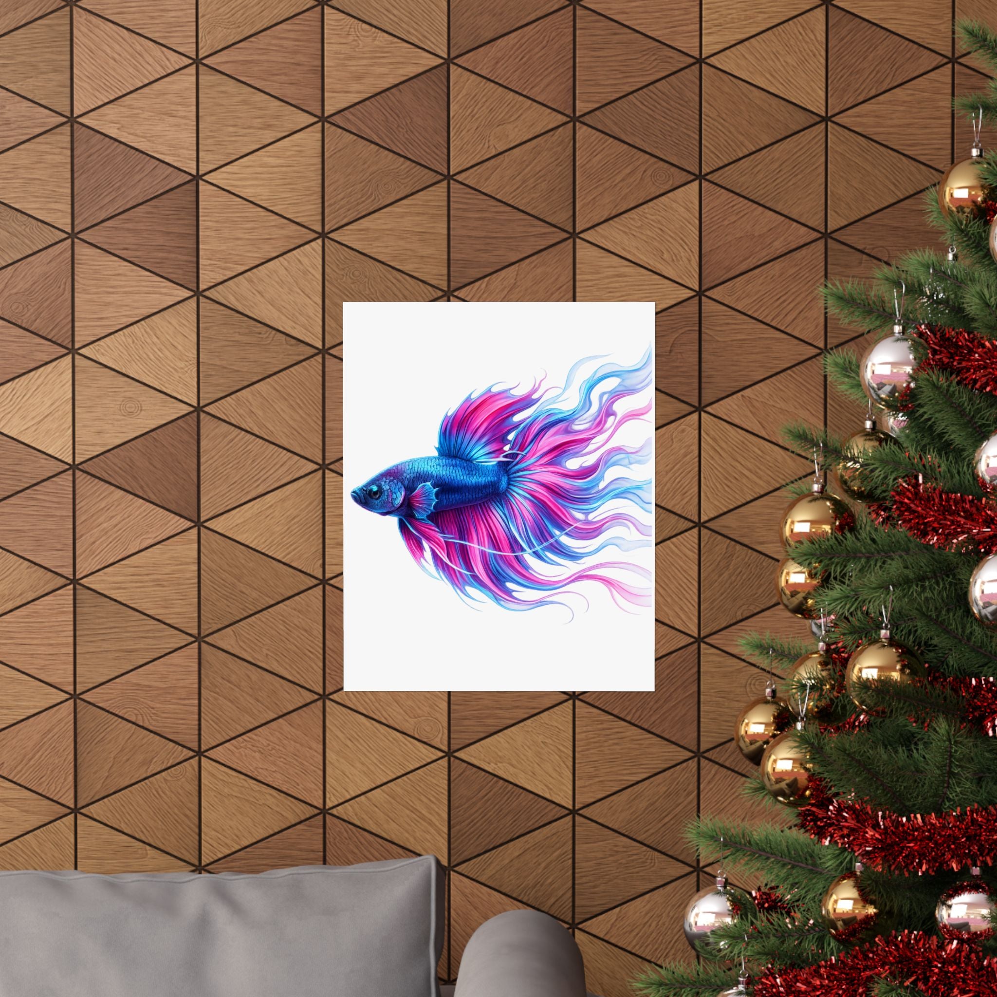 Betta Fish Art Poster — Colorful Blue & Pink Matte Vertical Wall Print