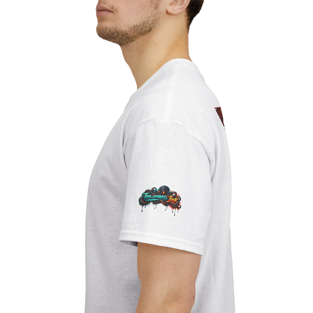 Inverness Ink Graphic Tee — Bold Blue & Orange Splash Backprint