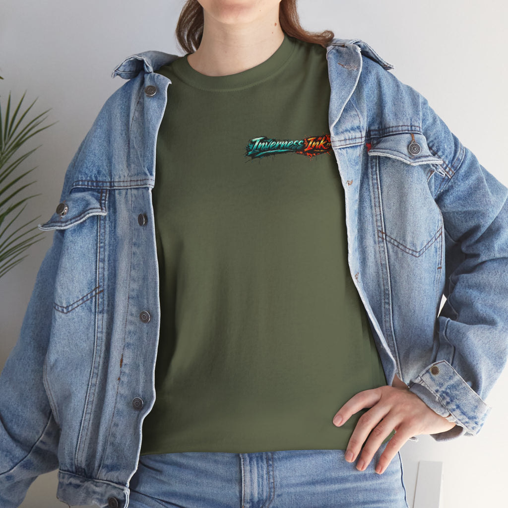 Inverness Ink Graphic Tee — Bold Blue & Orange Splash Backprint