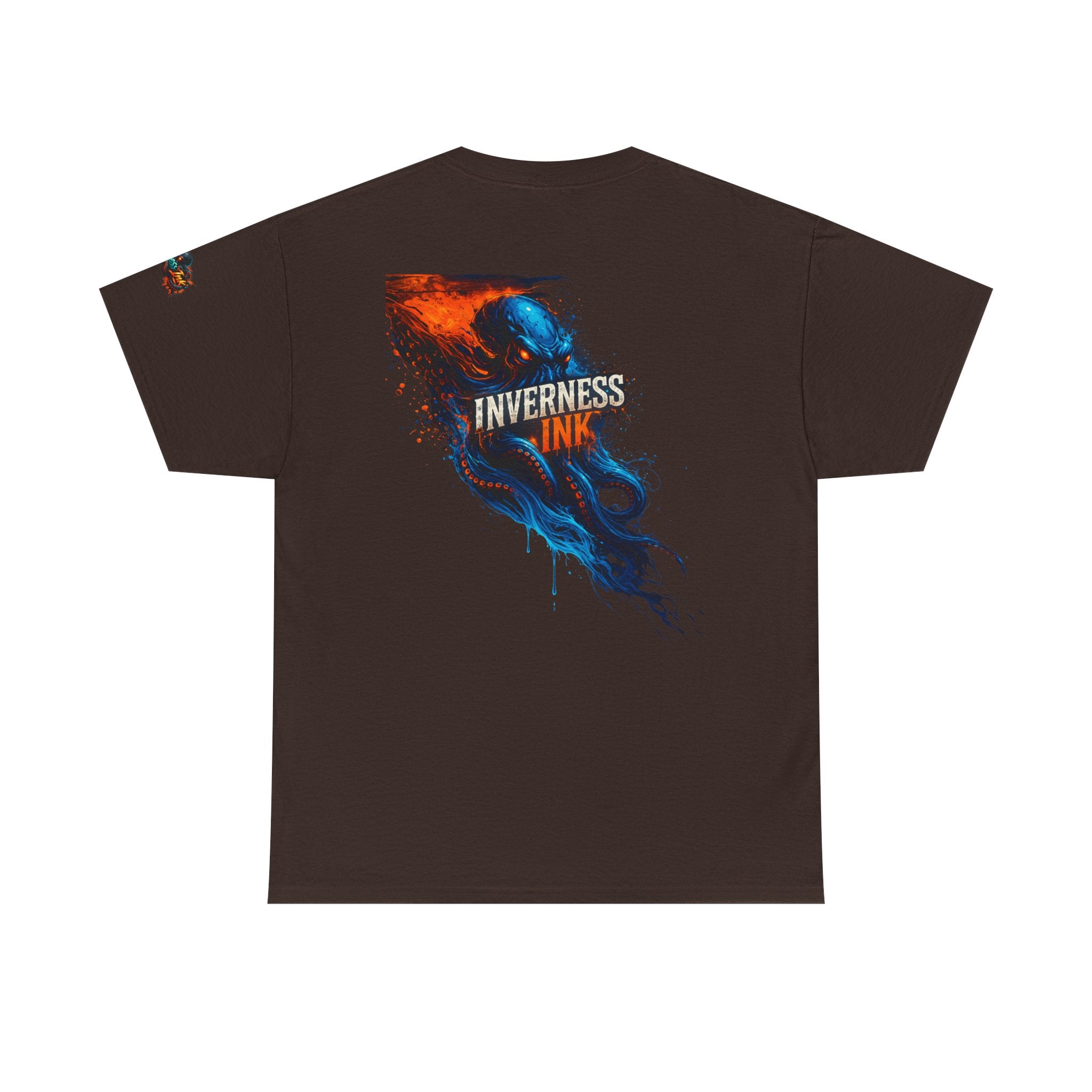Inverness Ink Graphic Tee — Bold Blue & Orange Splash Backprint