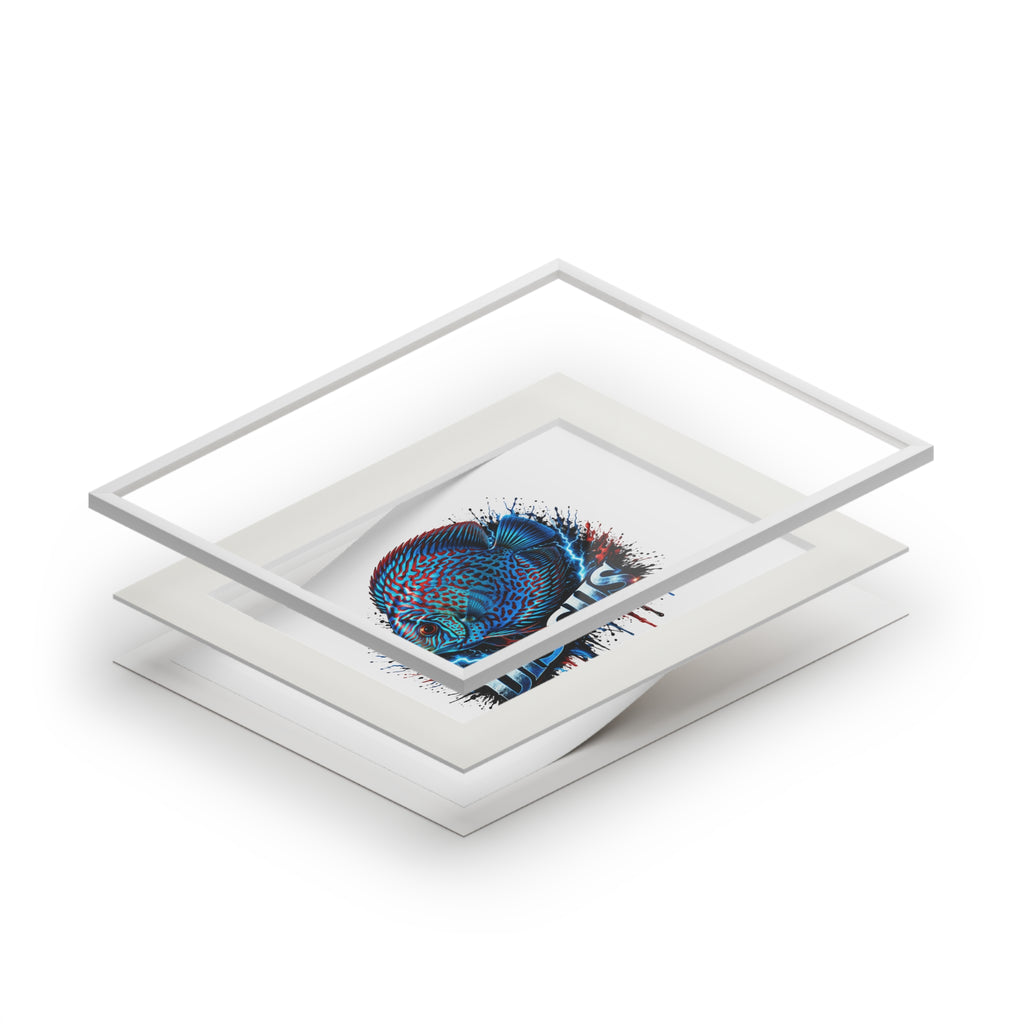 Discus Fish Fine Art Print with Passepartout Frame — Vibrant Blue Aquarium Wall Art