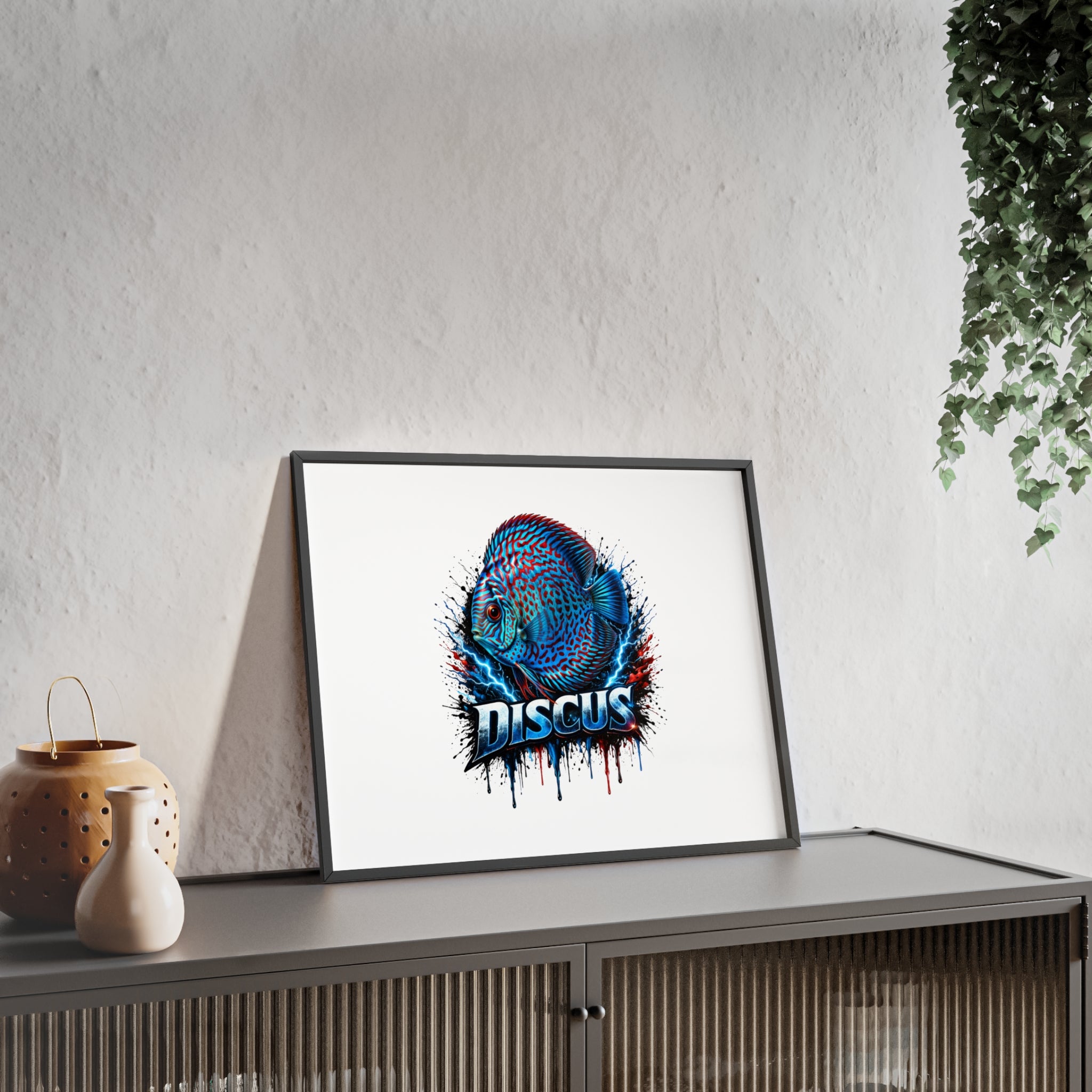 Discus Fish Poster with Wooden Frame — Colorful Aquarium Art Print