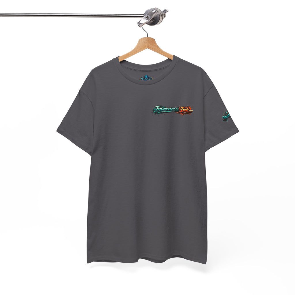 Inverness Ink Graphic Tee — Bold Blue & Orange Splash Backprint