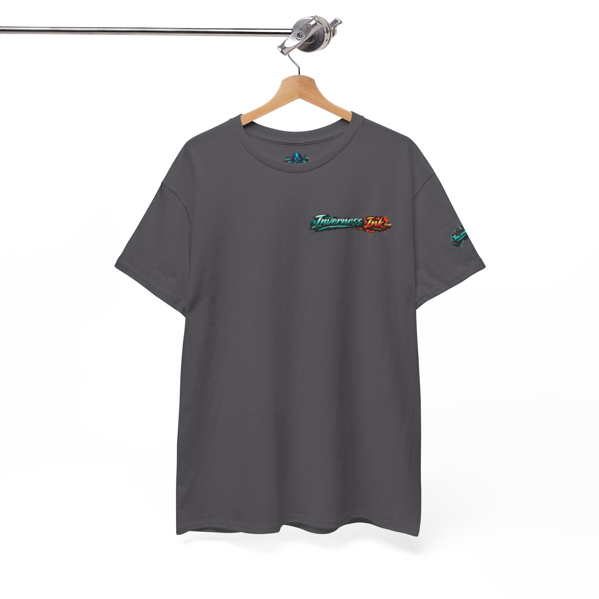 Inverness Ink Graphic Tee — Bold Blue & Orange Splash Backprint