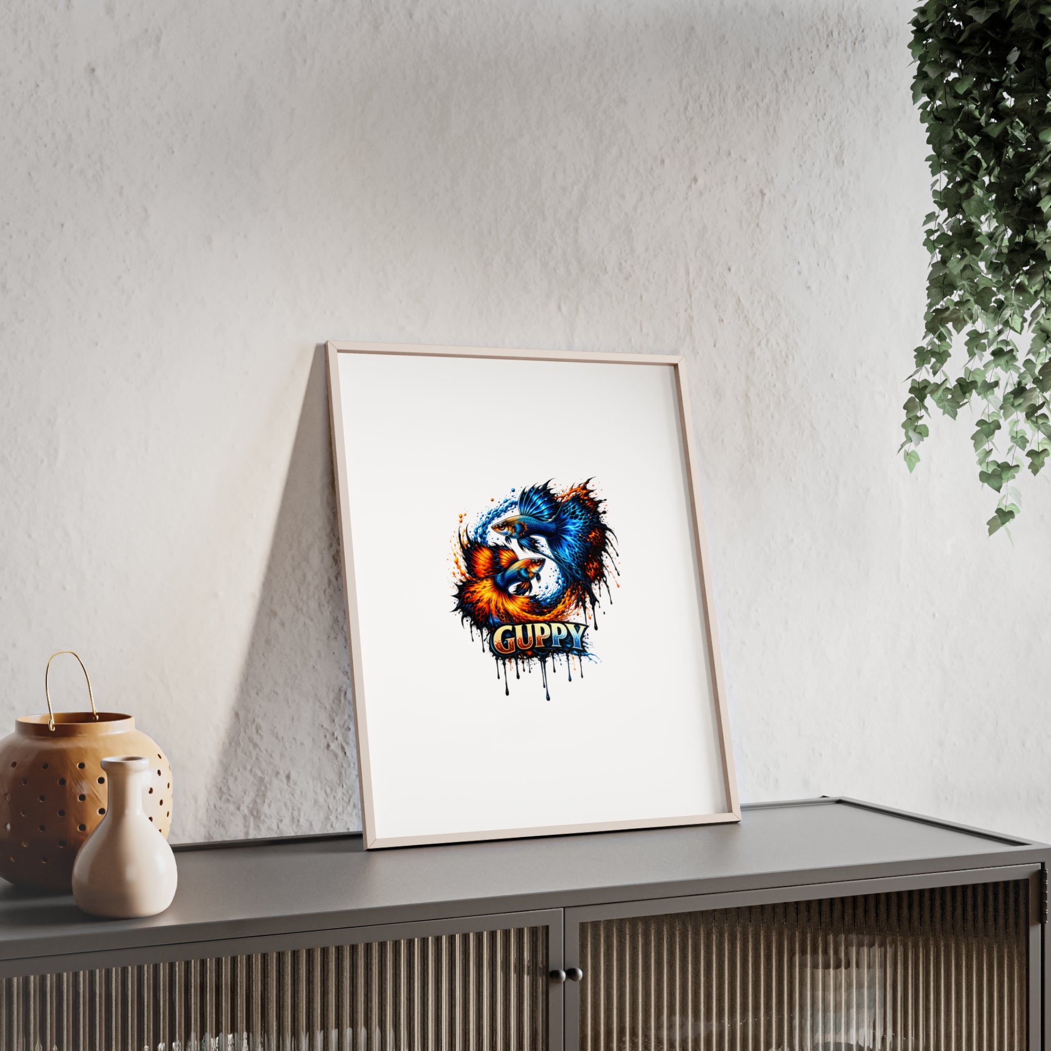 Guppy Fish Art Poster with Wooden Frame — Colorful Koi-Style Aquarium Print
