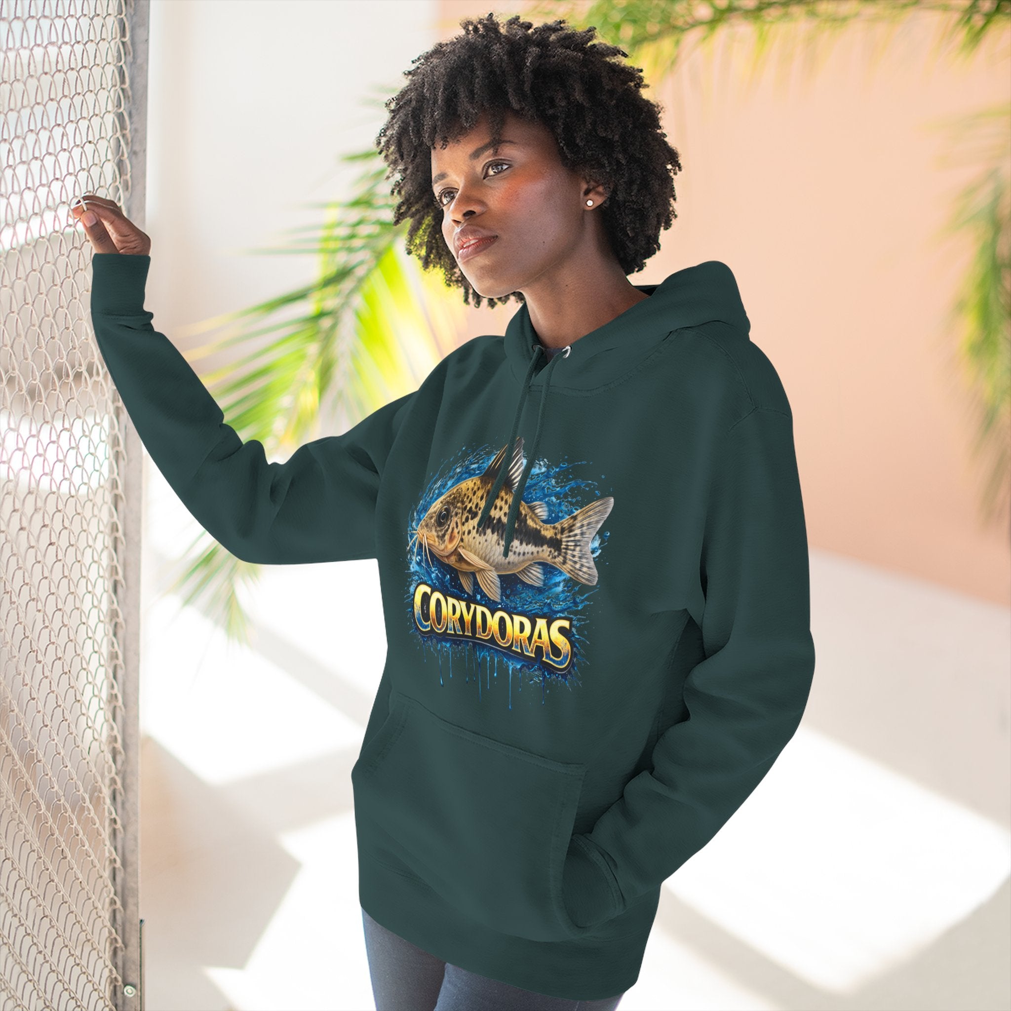 Peppered Corydoras Midweight Fleece Hoodie — Aquatic Catfish Illustration Pullover