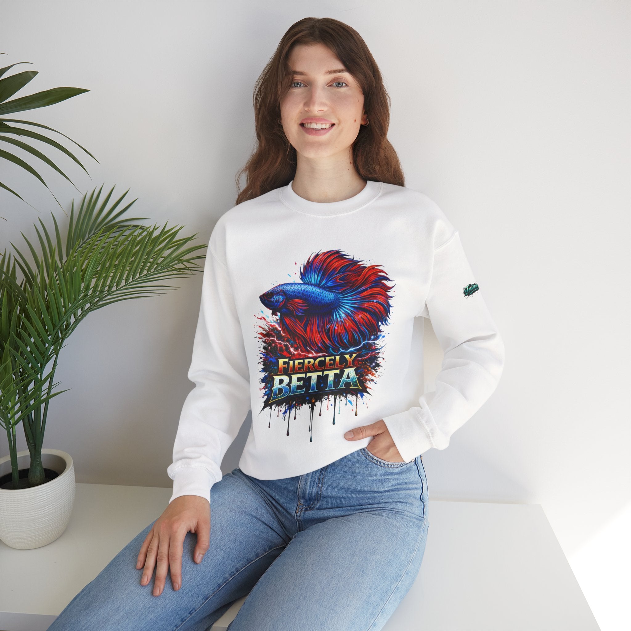 Betta Fish Crewneck Sweatshirt — "Fiercely Betta" Colorful Aquarium Graphic
