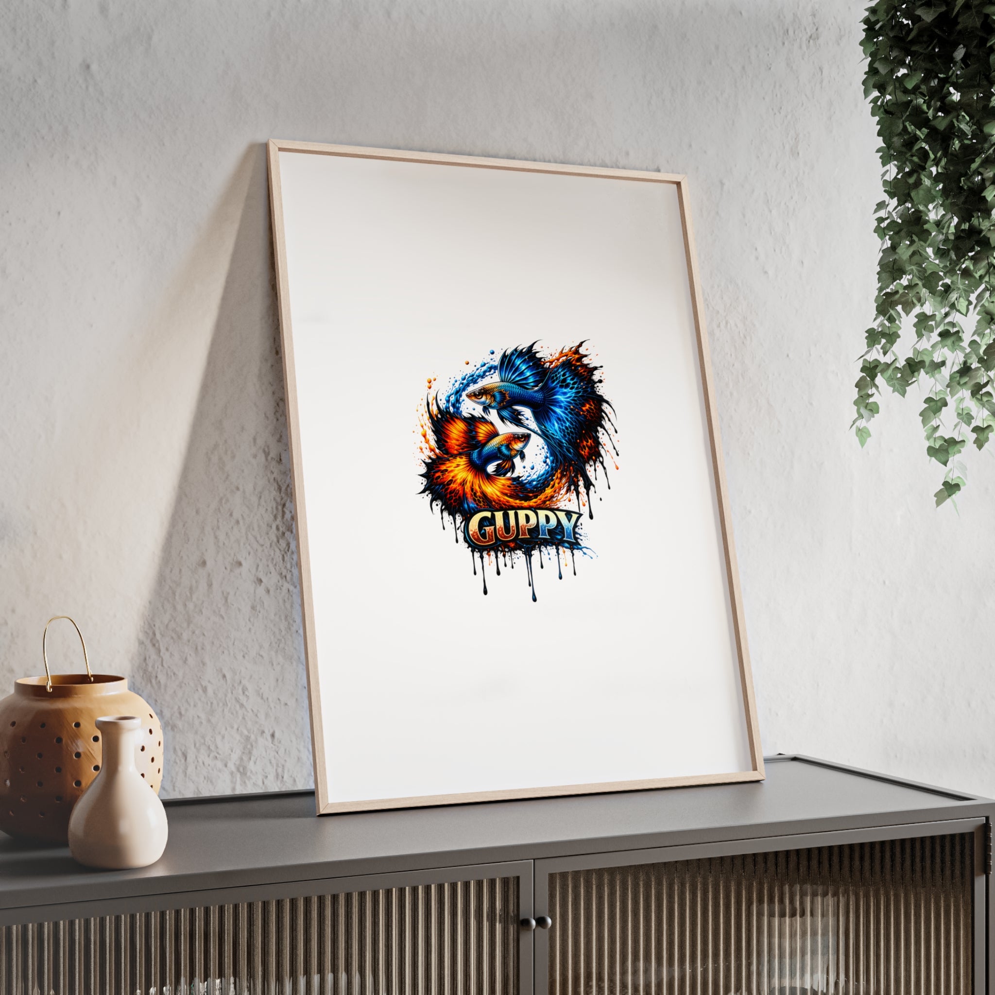 Guppy Fish Art Poster with Wooden Frame — Colorful Koi-Style Aquarium Print