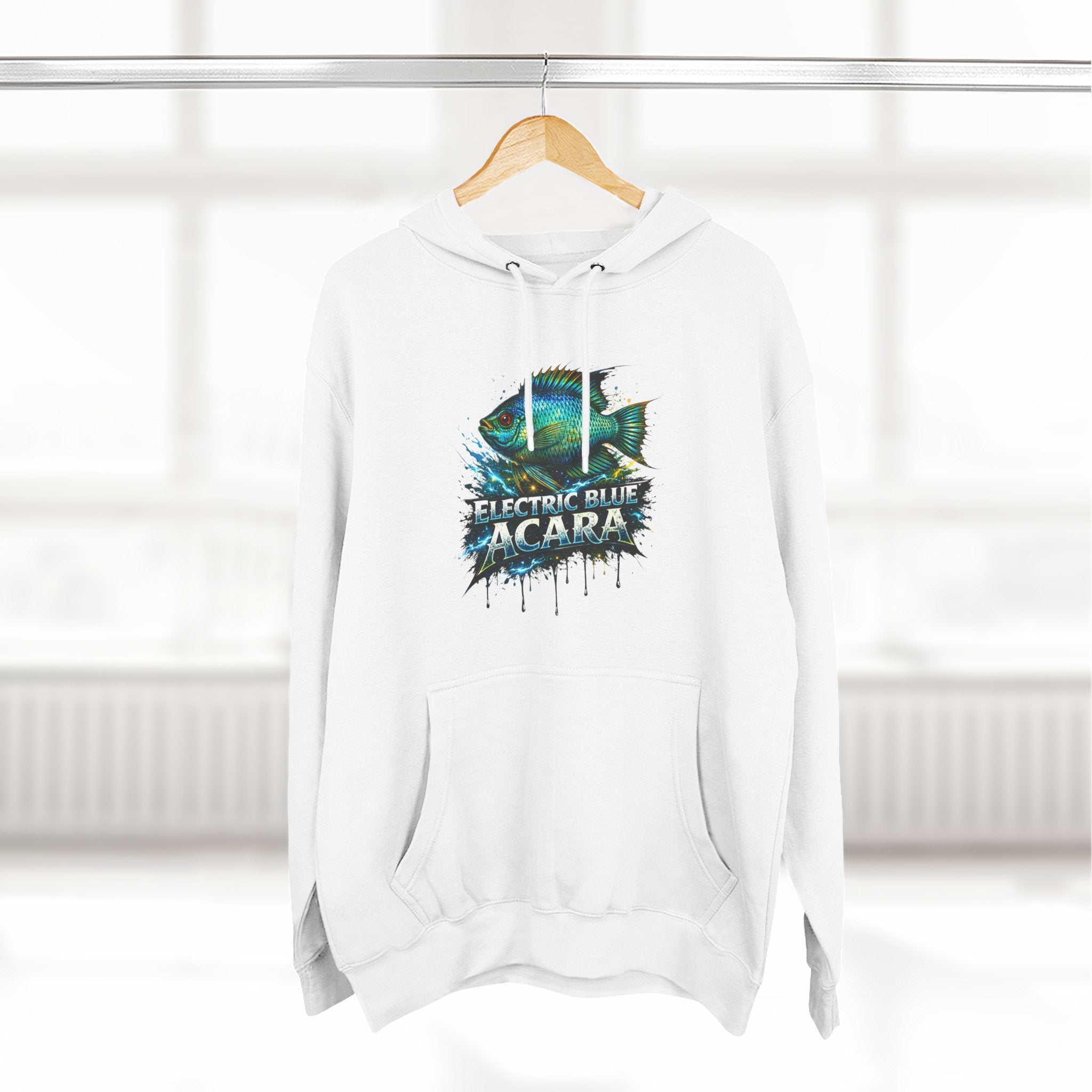 Electric Blue Acara Hoodie — Colorful Aquarium Fish Graphic Fleece Pullover
