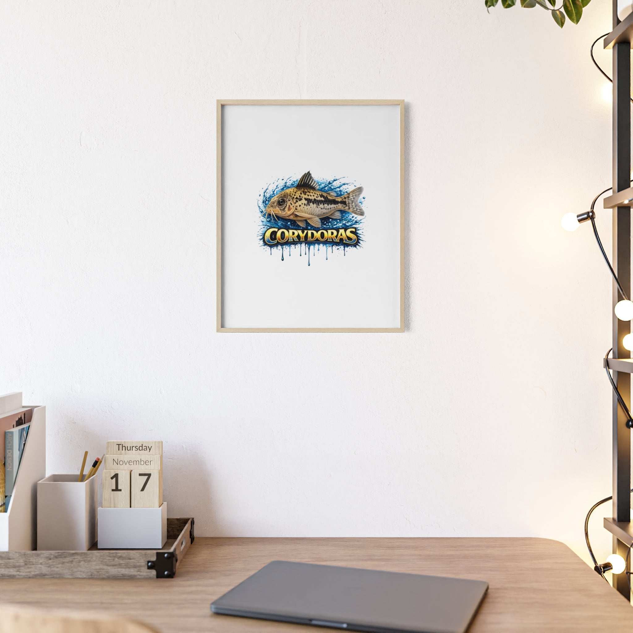 Peppered Corydoras Fish Poster with Wooden Frame — Aquarium Wall Art