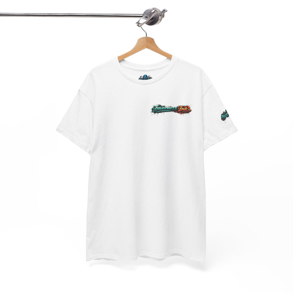Inverness Ink Graphic Tee — Bold Blue & Orange Splash Backprint