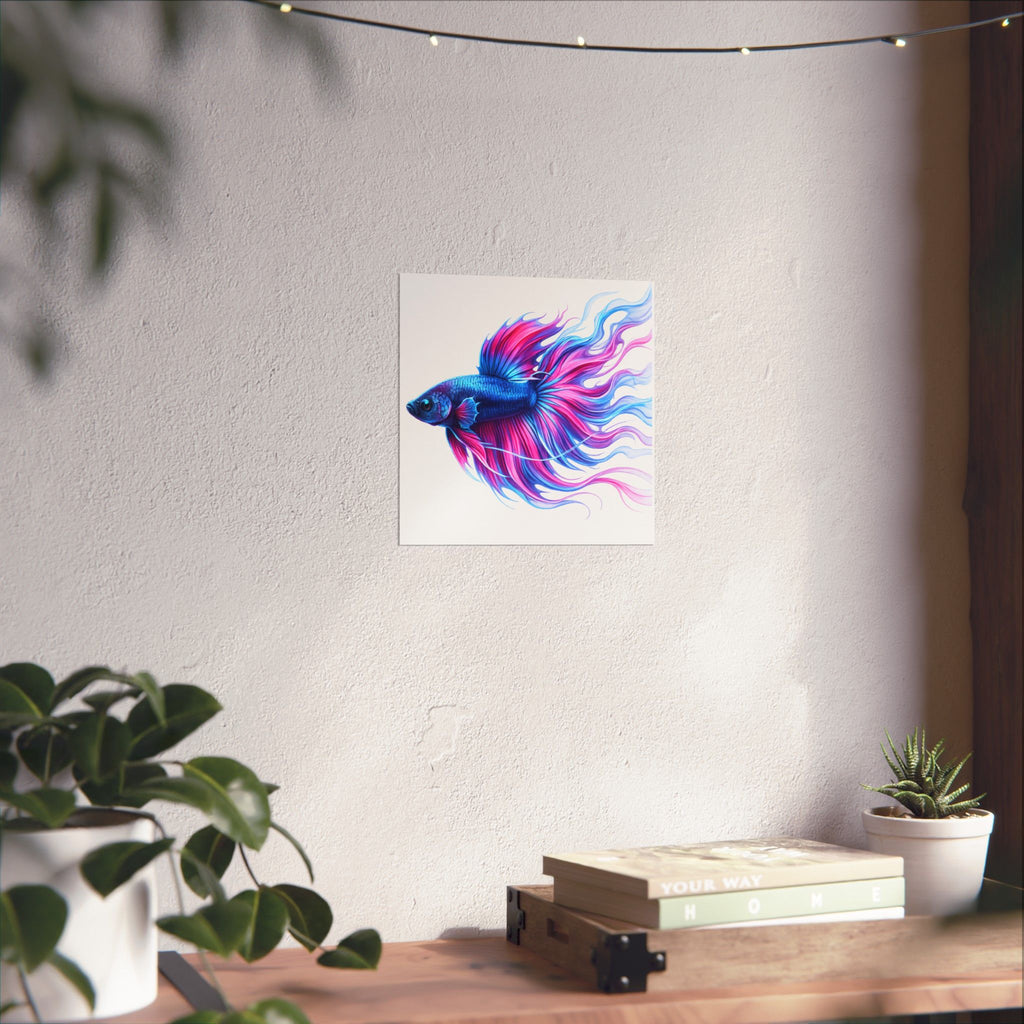 Betta Fish Art Poster — Colorful Blue & Pink Matte Vertical Wall Print