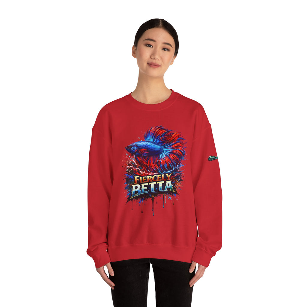 Betta Fish Crewneck Sweatshirt — "Fiercely Betta" Colorful Aquarium Graphic