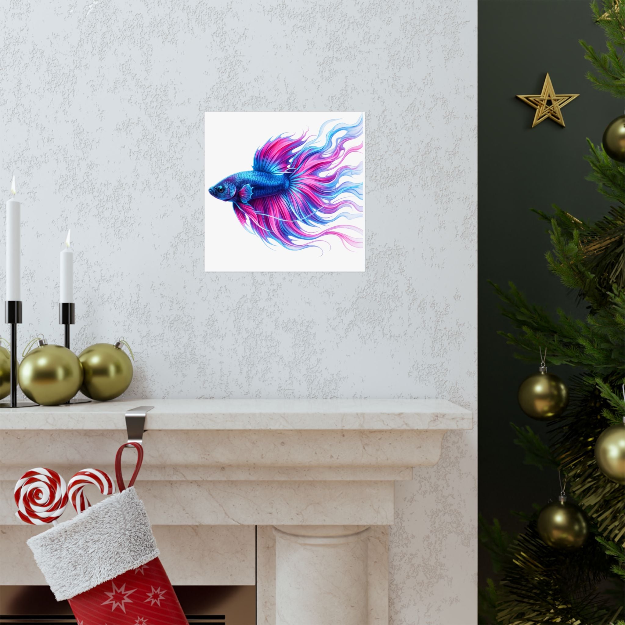 Betta Fish Art Poster — Colorful Blue & Pink Matte Vertical Wall Print