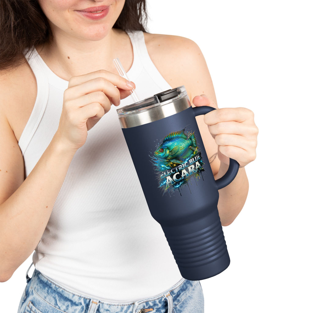 40oz Insulated Travel Mug - 'Electric Blue Acara' Fish Graphic, Leak-Resistant Tumbler for Aquarium Enthusiasts