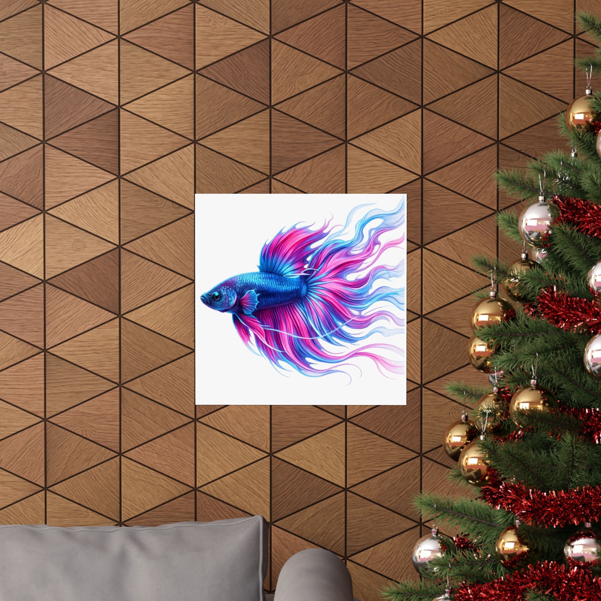 Betta Fish Art Poster — Colorful Blue & Pink Matte Vertical Wall Print