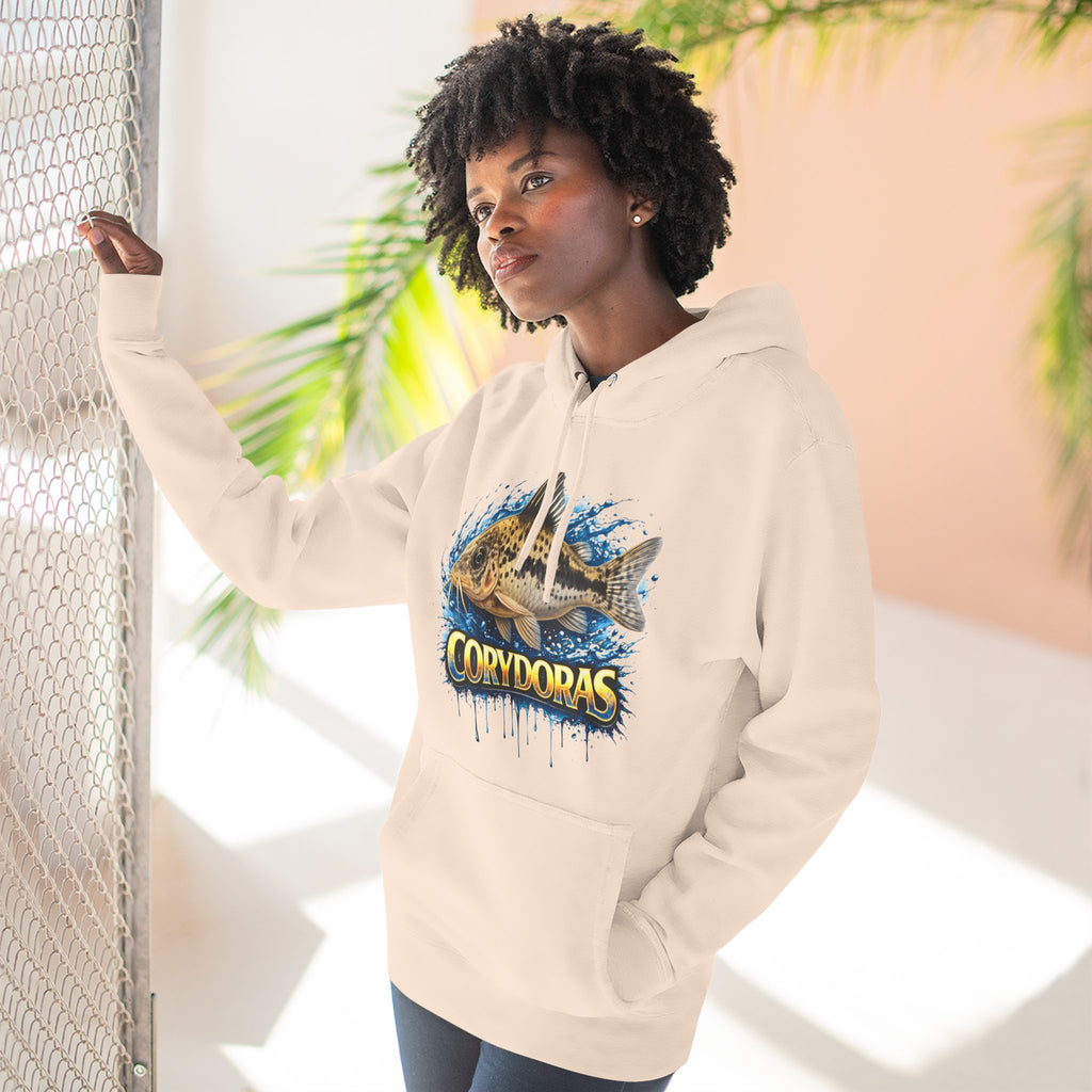Peppered Corydoras Midweight Fleece Hoodie — Aquatic Catfish Illustration Pullover