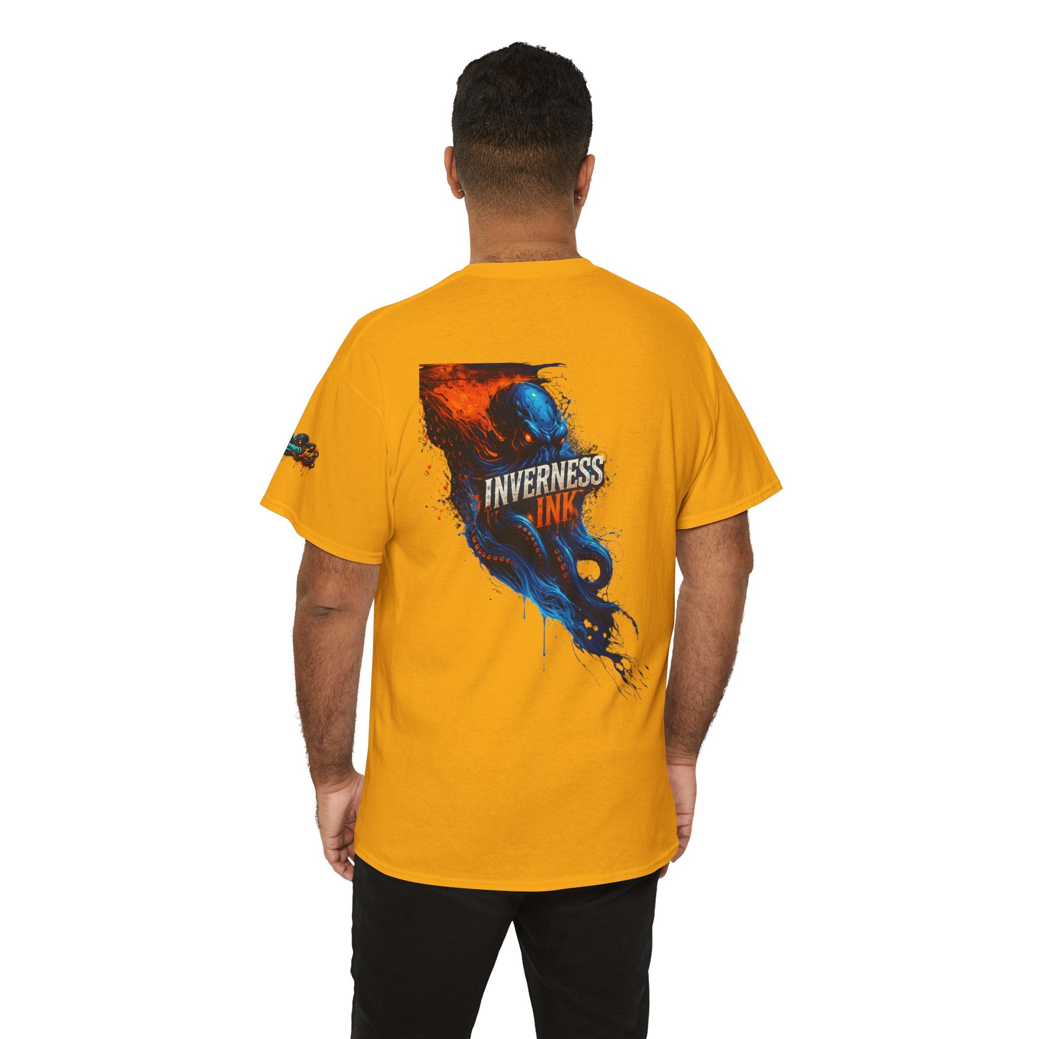 Inverness Ink Graphic Tee — Bold Blue & Orange Splash Backprint