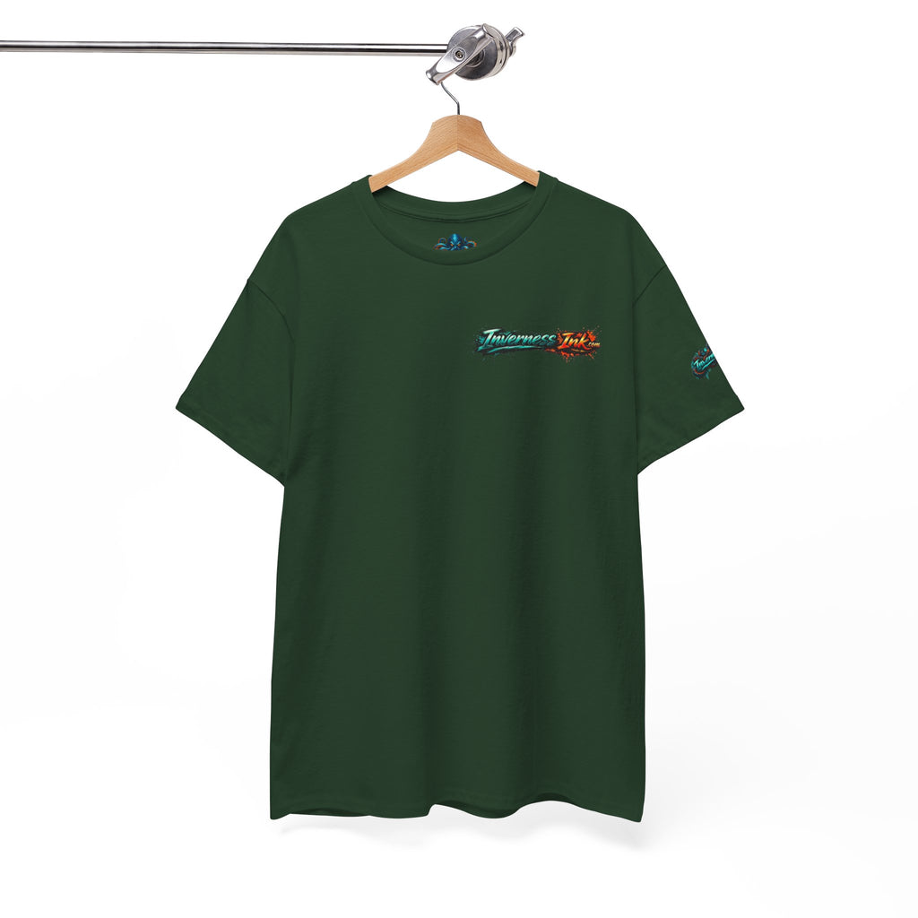Inverness Ink Graphic Tee — Bold Blue & Orange Splash Backprint