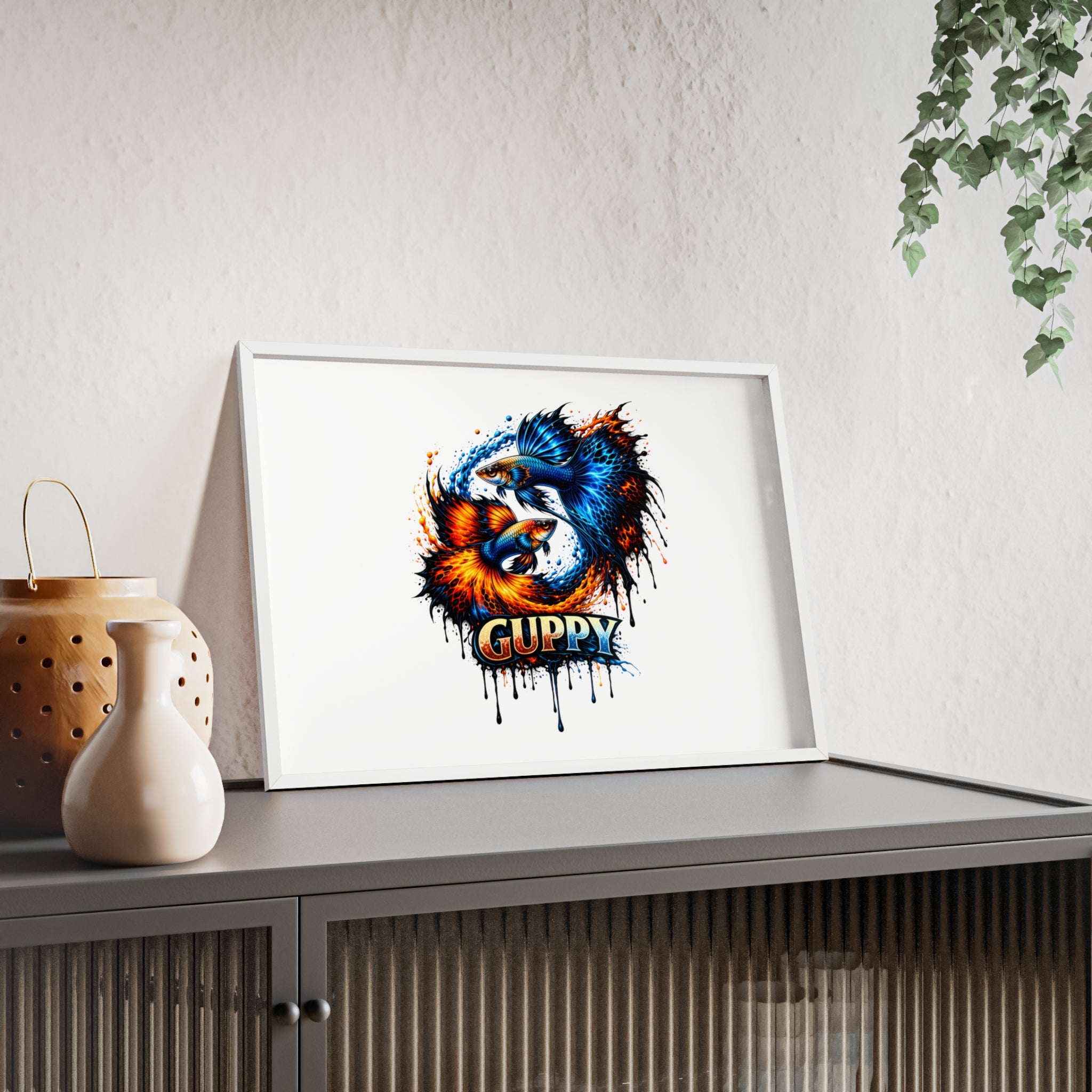 Guppy Fish Art Poster with Wooden Frame — Colorful Koi-Style Aquarium Print