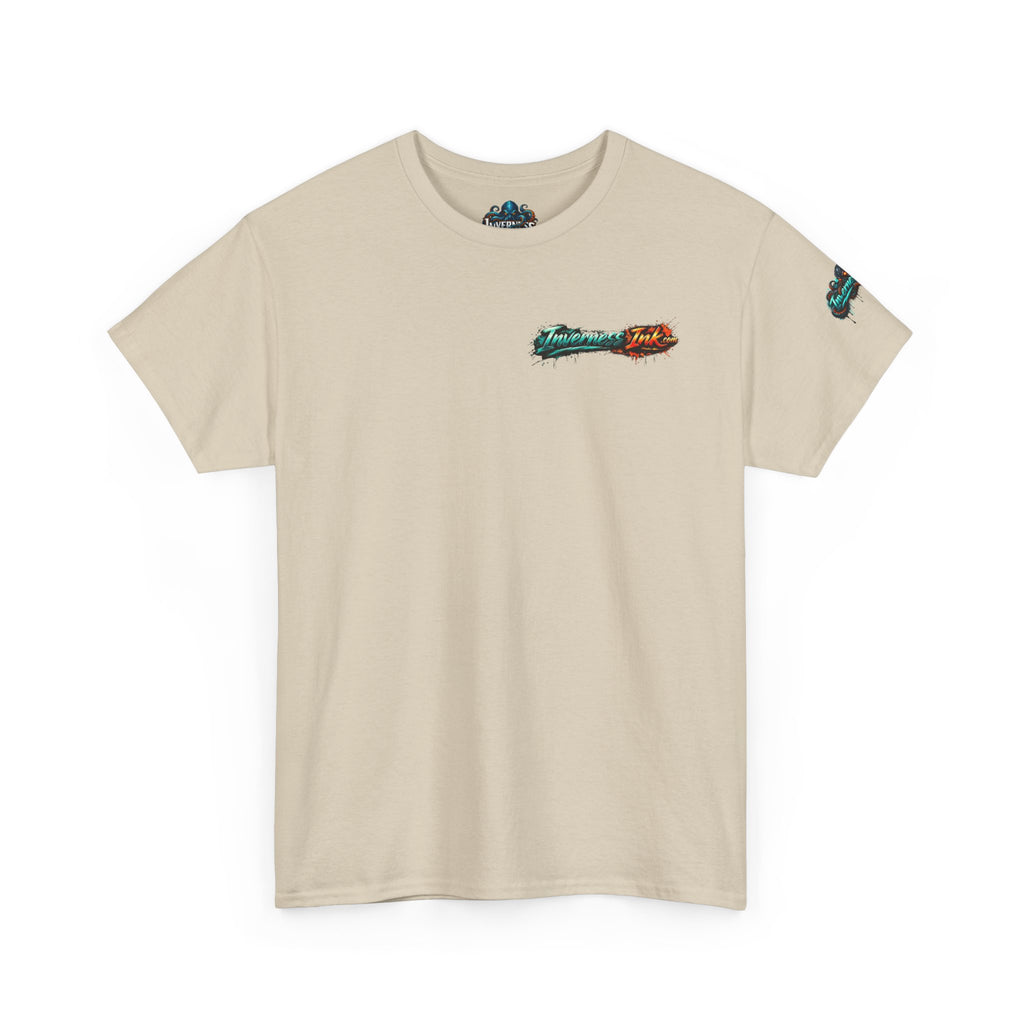 Inverness Ink Graphic Tee — Bold Blue & Orange Splash Backprint