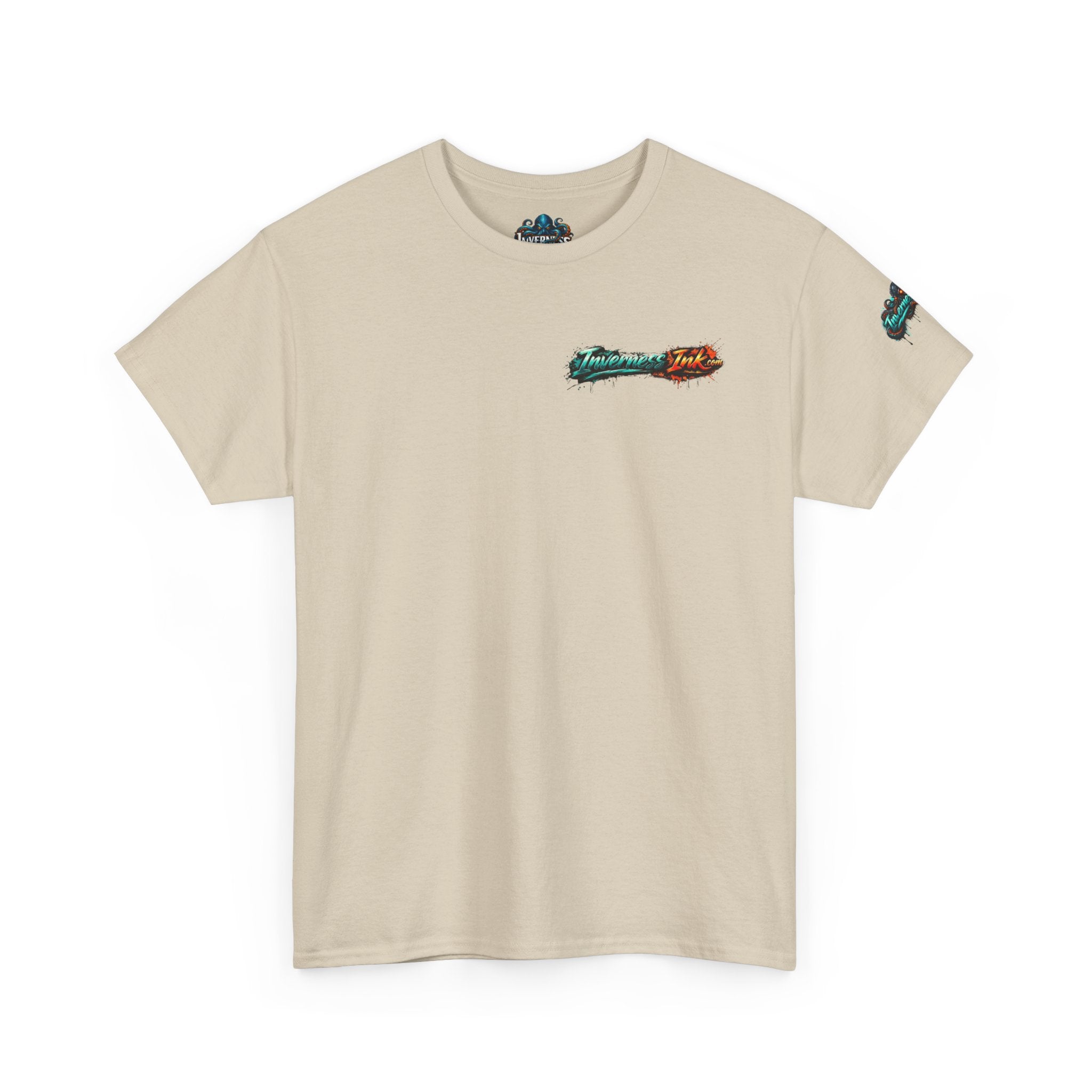 Inverness Ink Graphic Tee — Bold Blue & Orange Splash Backprint