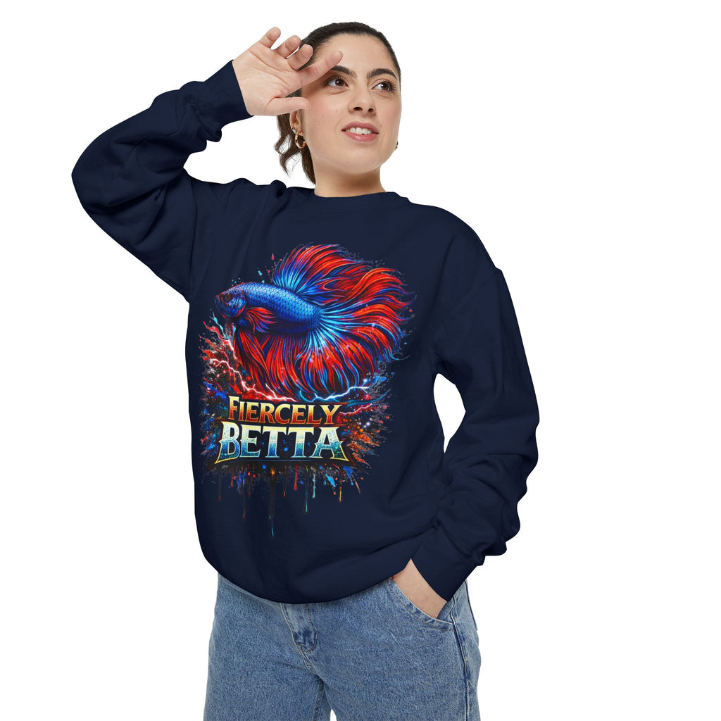 Betta Fish Sweatshirt — "Fiercely Betta" Colorful Aquarium Crewneck