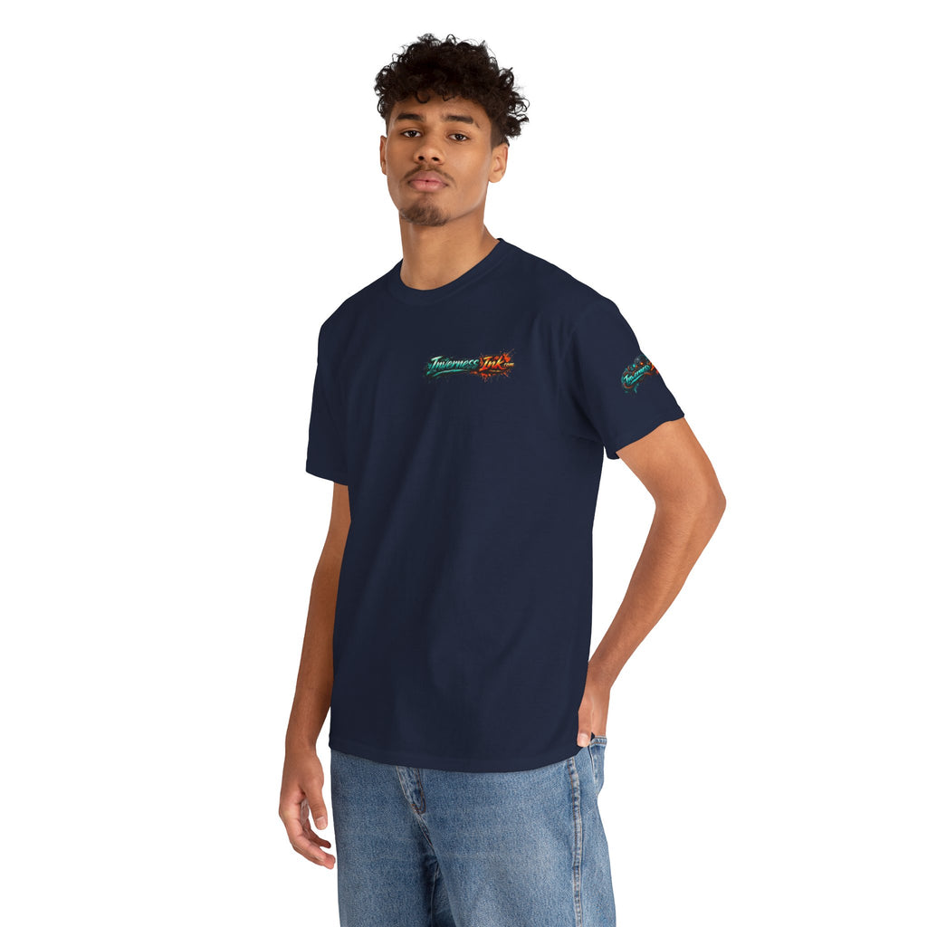 Inverness Ink Graphic Tee — Bold Blue & Orange Splash Backprint