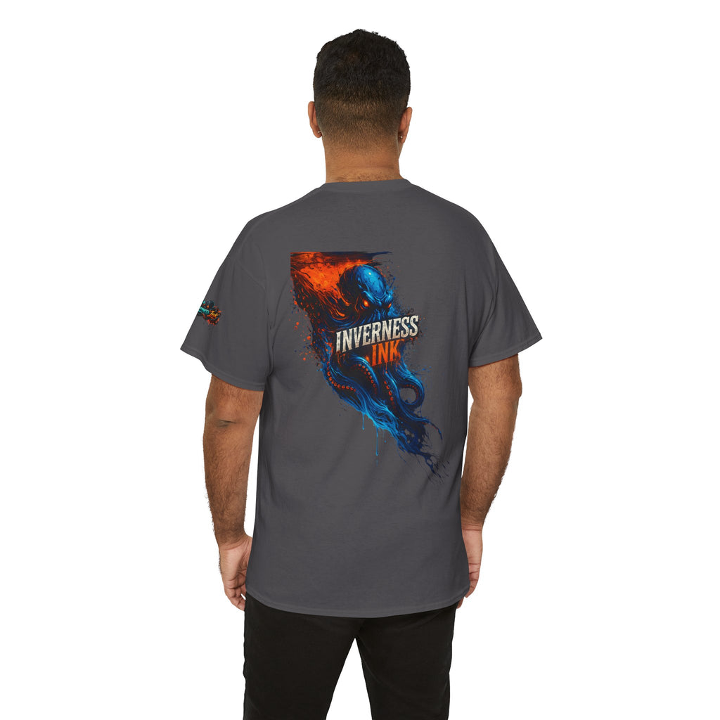 Inverness Ink Graphic Tee — Bold Blue & Orange Splash Backprint