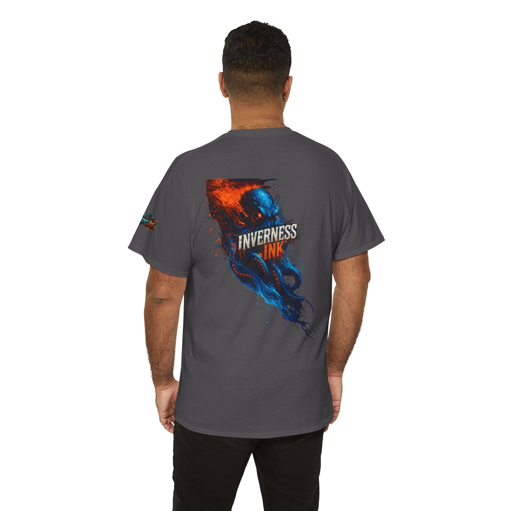 Inverness Ink Graphic Tee — Bold Blue & Orange Splash Backprint