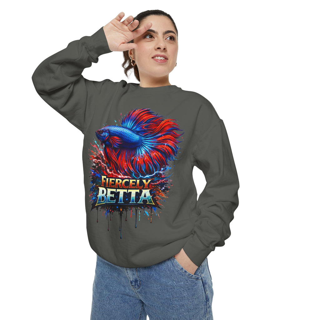 Betta Fish Sweatshirt — "Fiercely Betta" Colorful Aquarium Crewneck