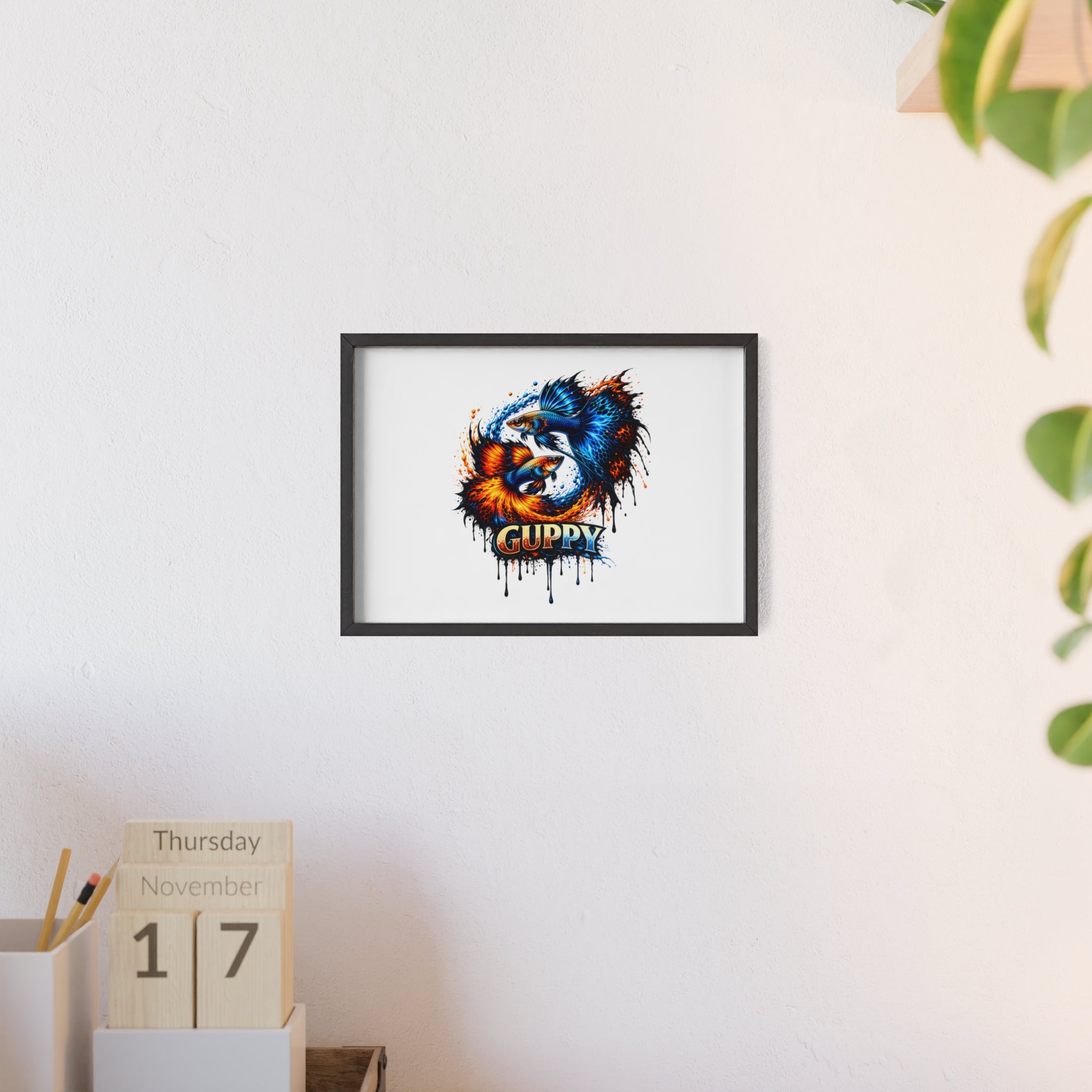 Guppy Fish Art Poster with Wooden Frame — Colorful Koi-Style Aquarium Print