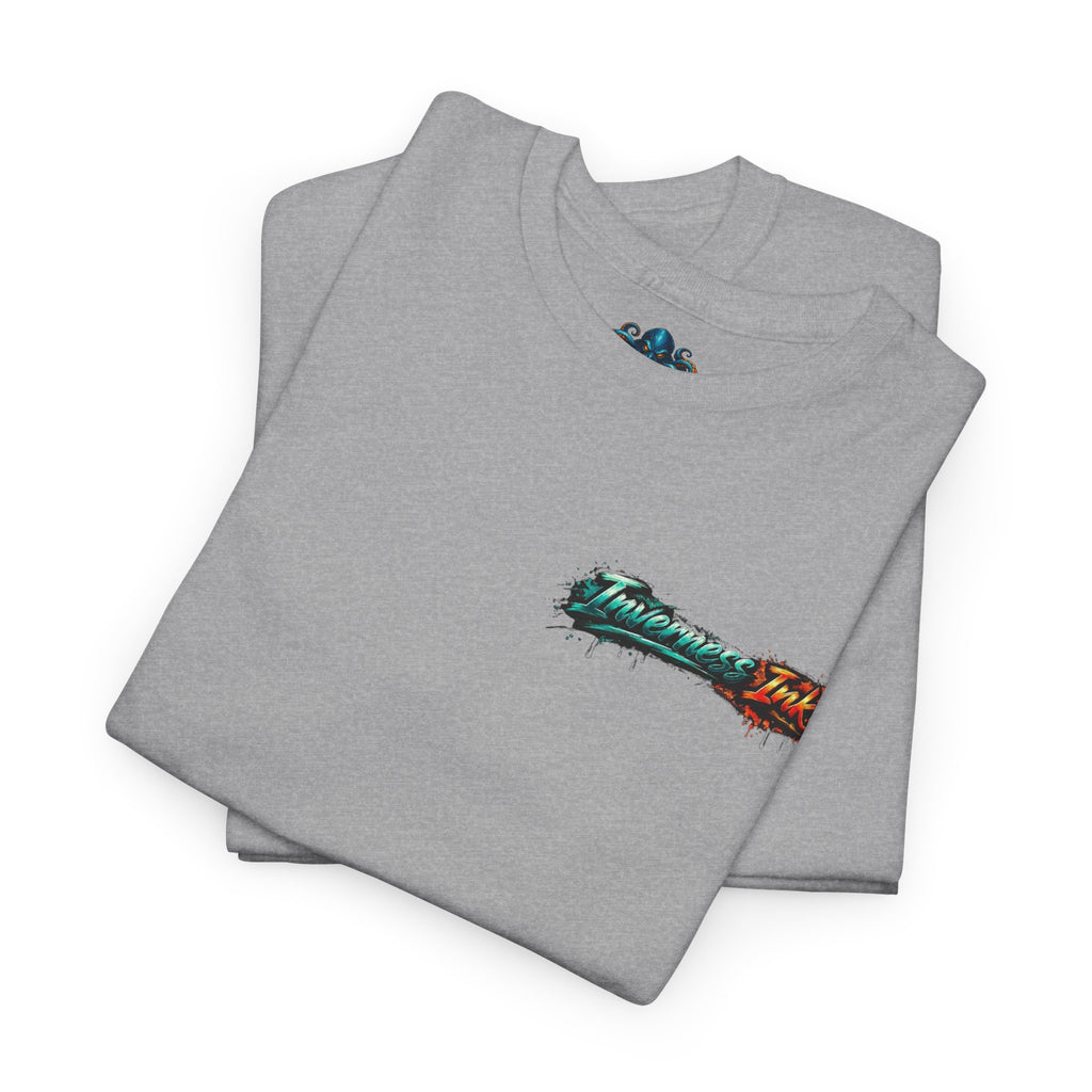 Inverness Ink Graphic Tee — Bold Blue & Orange Splash Backprint