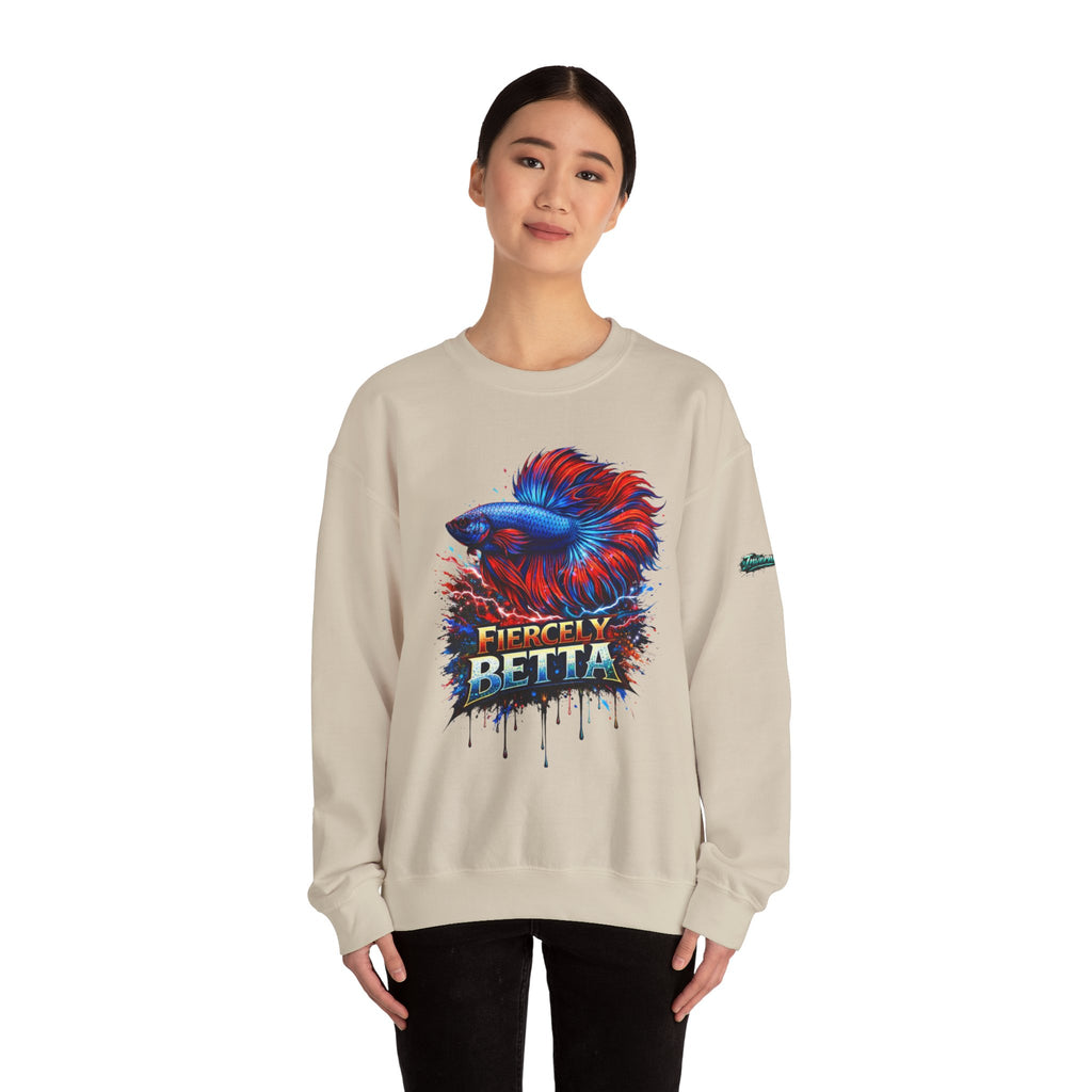 Betta Fish Crewneck Sweatshirt — "Fiercely Betta" Colorful Aquarium Graphic