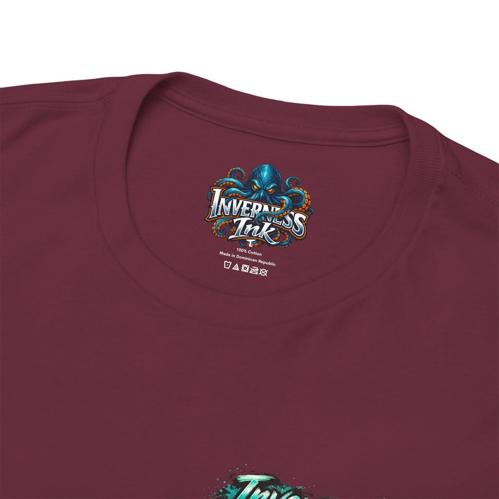 Inverness Ink Graphic Tee — Bold Blue & Orange Splash Backprint