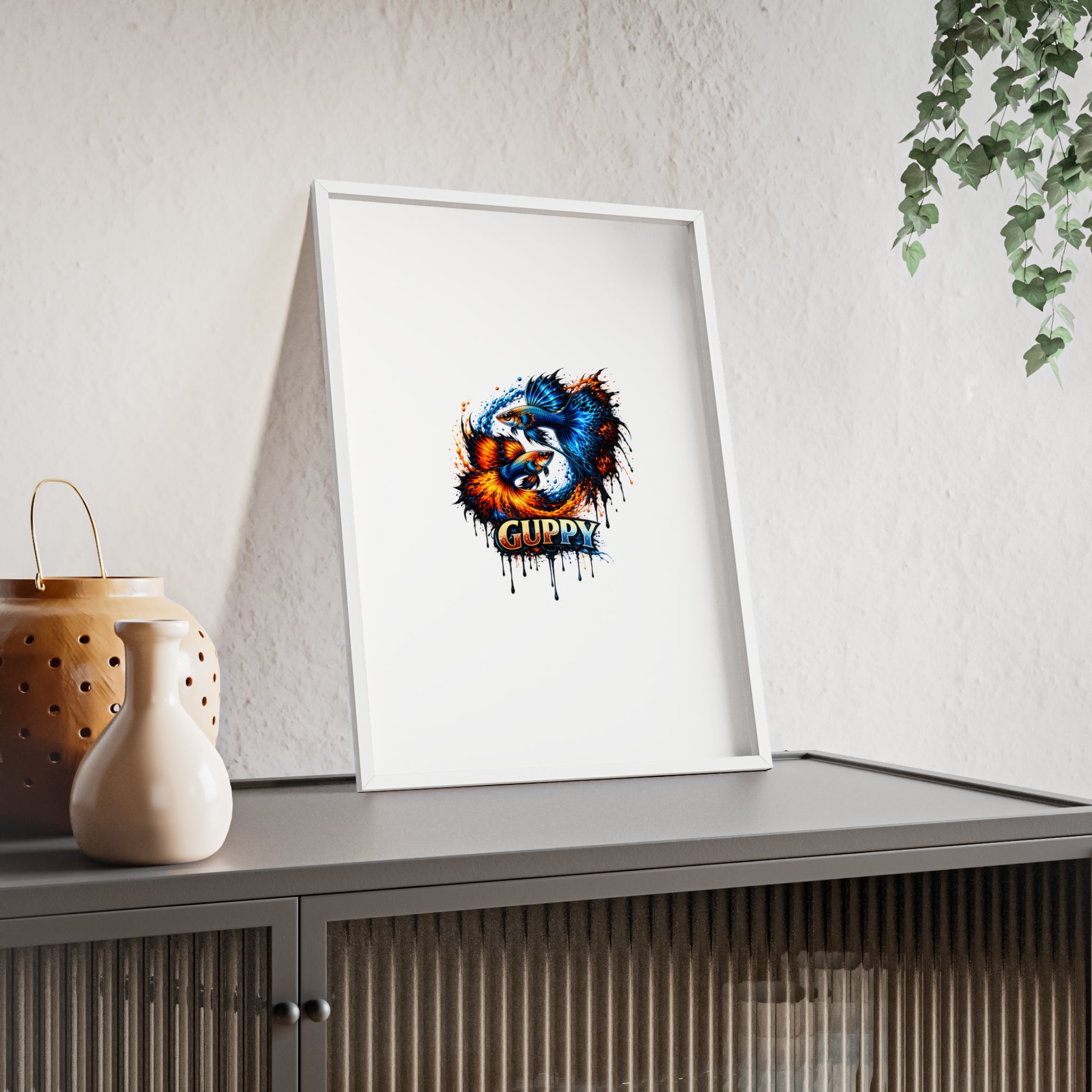 Guppy Fish Art Poster with Wooden Frame — Colorful Koi-Style Aquarium Print