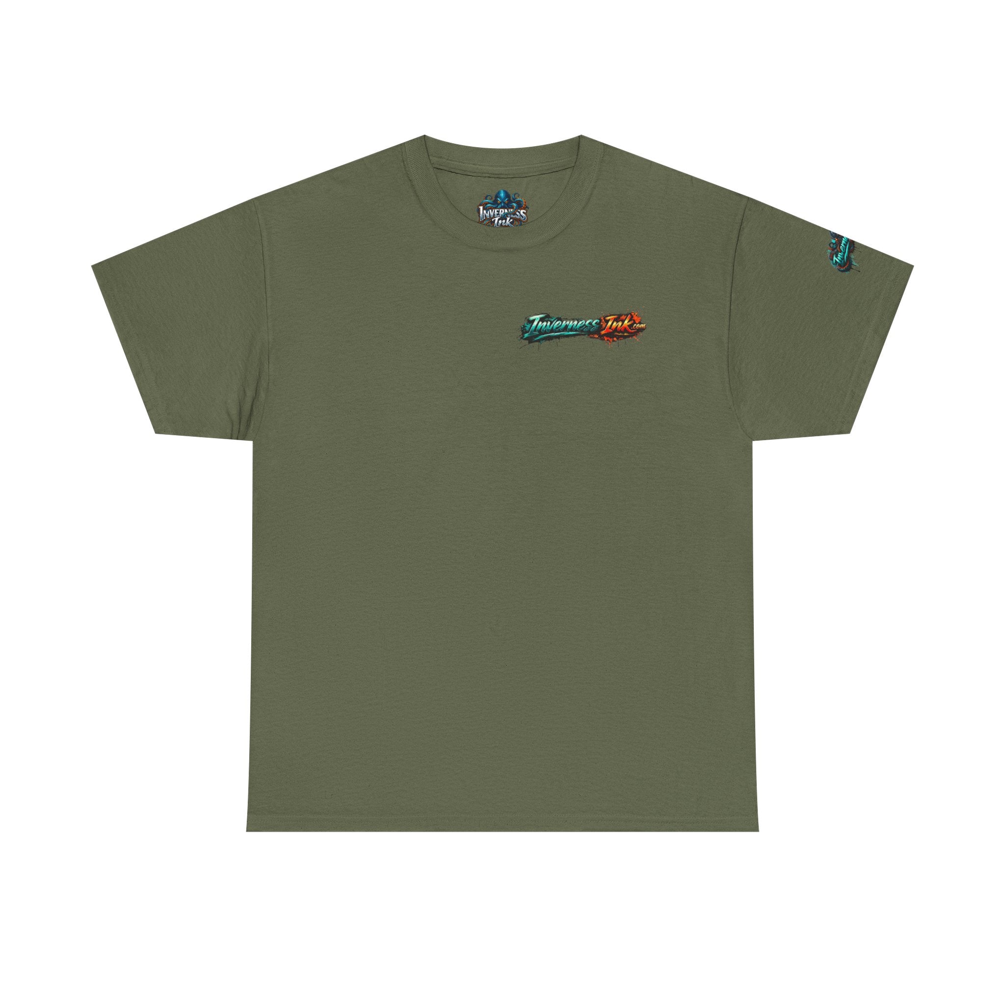 Inverness Ink Graphic Tee — Bold Blue & Orange Splash Backprint