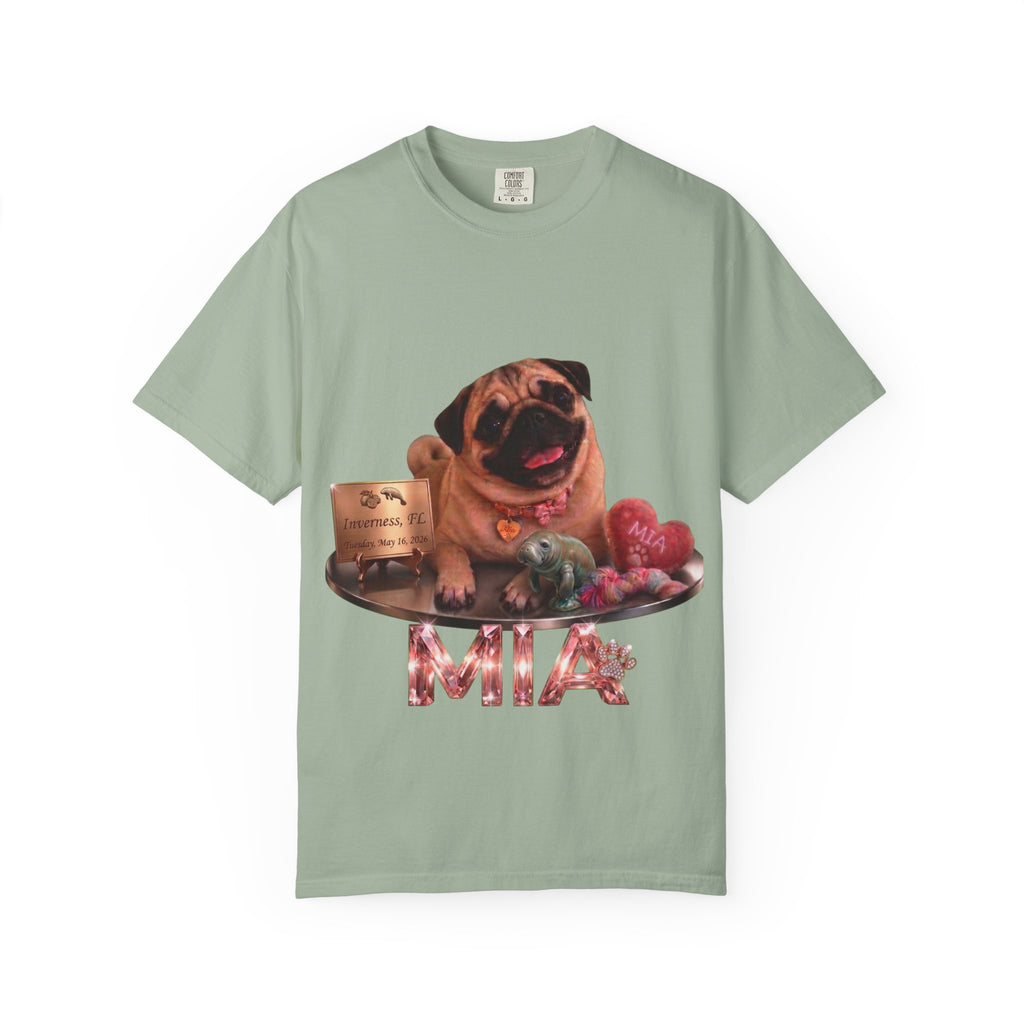 Pug Pet Portrait T-Shirt — Personalized "MIA" Dog Design