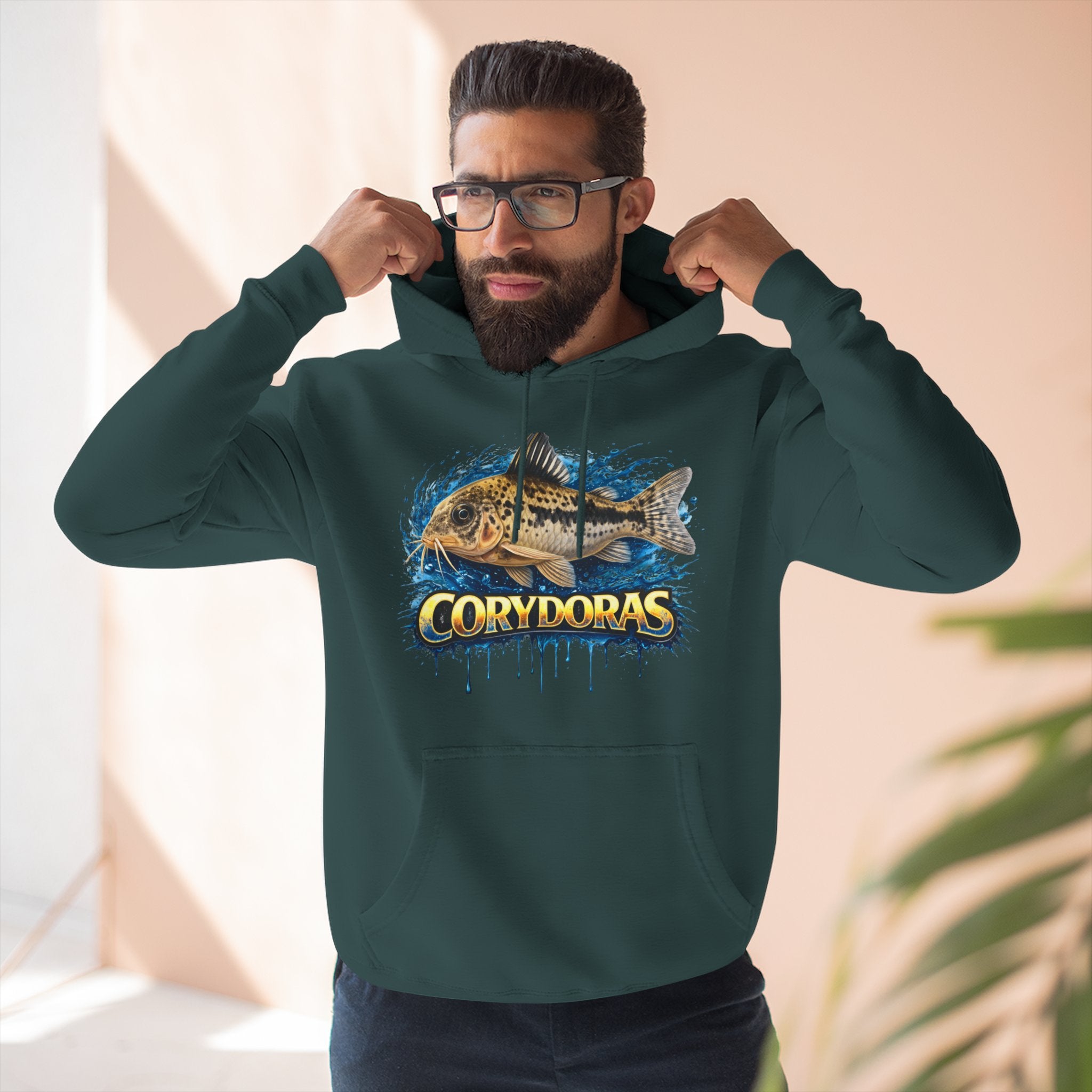 Peppered Corydoras Midweight Fleece Hoodie — Aquatic Catfish Illustration Pullover