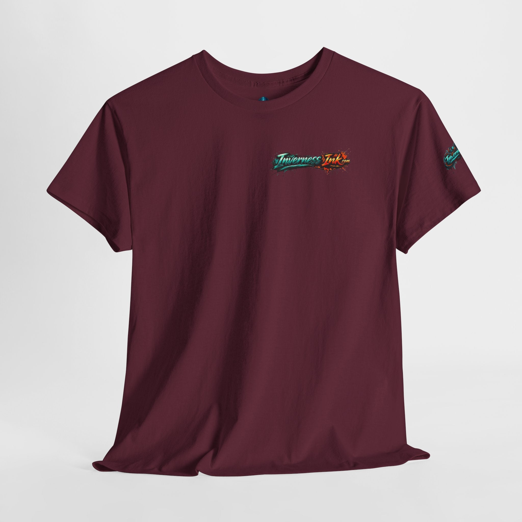 Inverness Ink Graphic Tee — Bold Blue & Orange Splash Backprint