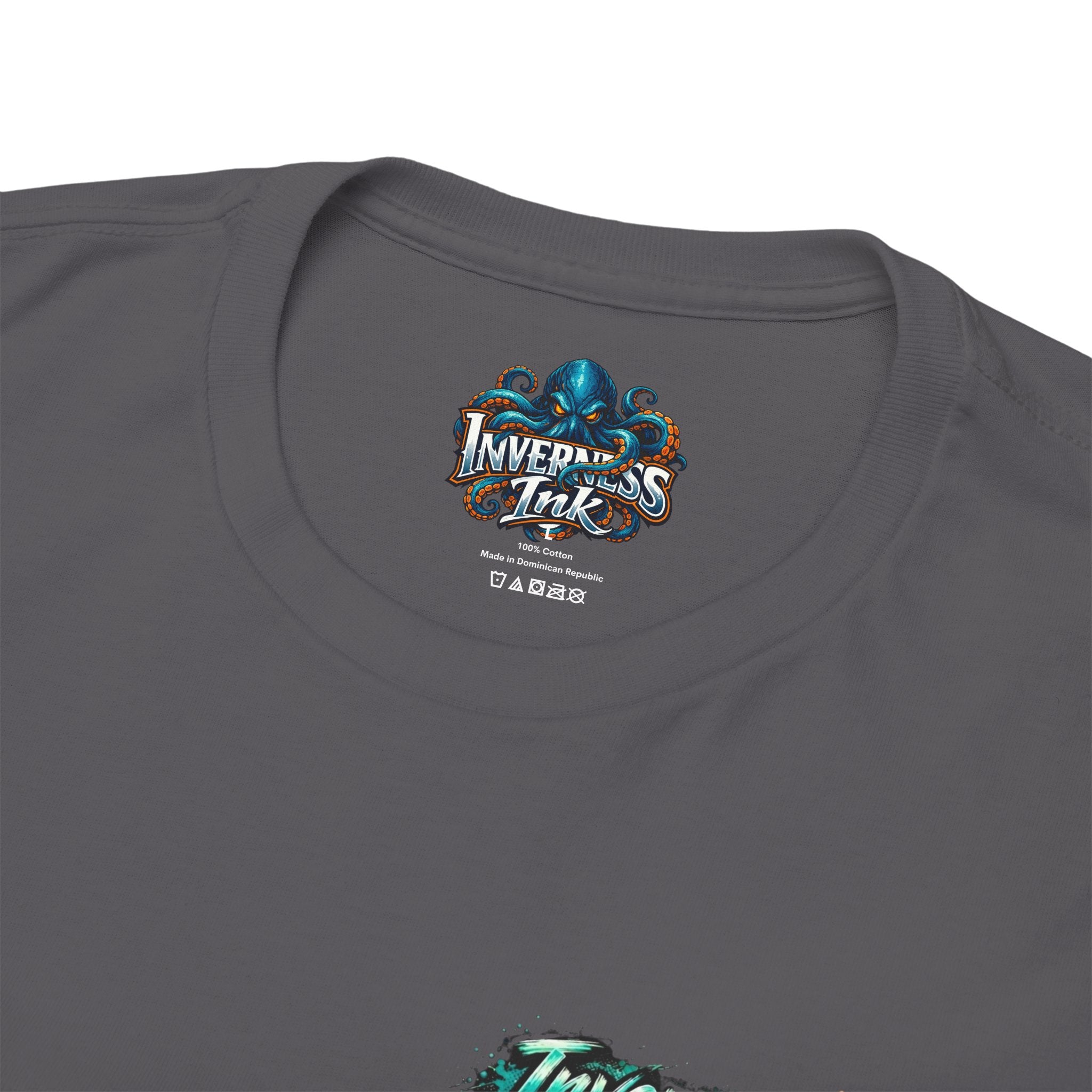 Inverness Ink Graphic Tee — Bold Blue & Orange Splash Backprint