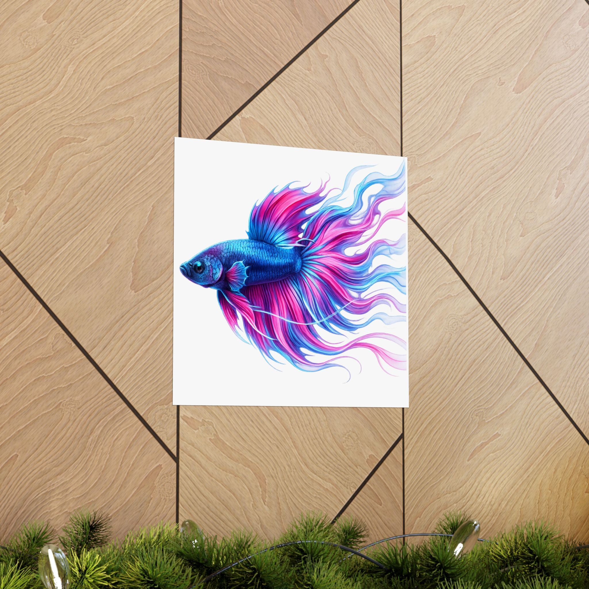 Betta Fish Art Poster — Colorful Blue & Pink Matte Vertical Wall Print