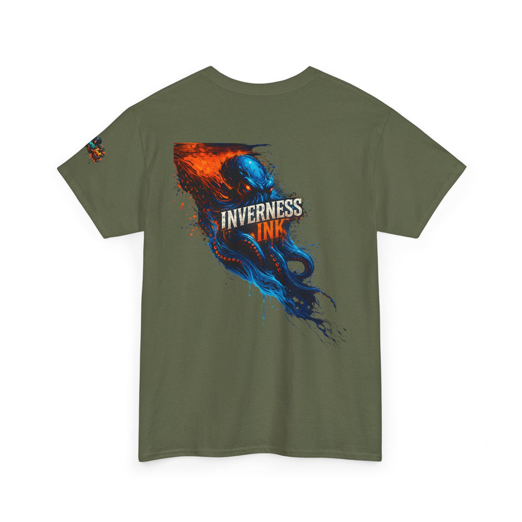 Inverness Ink Graphic Tee — Bold Blue & Orange Splash Backprint