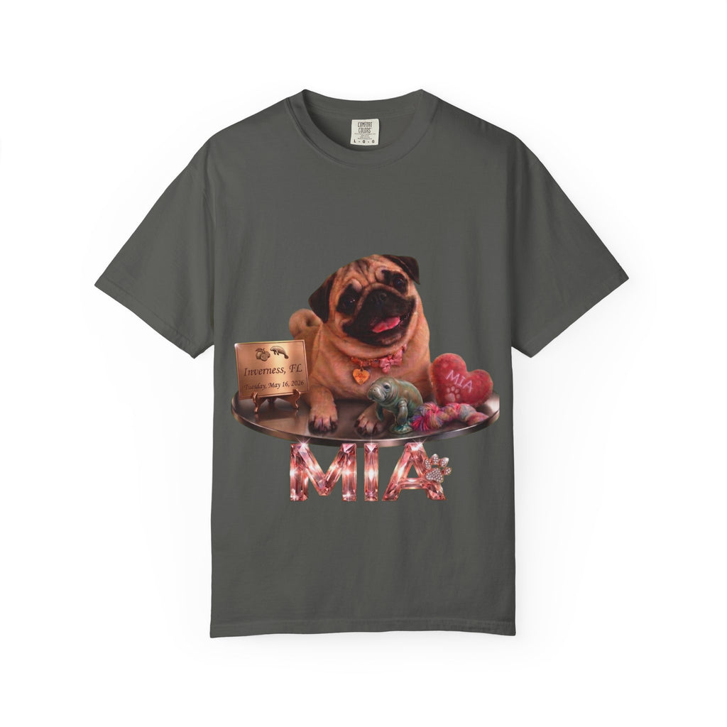Pug Pet Portrait T-Shirt — Personalized "MIA" Dog Design