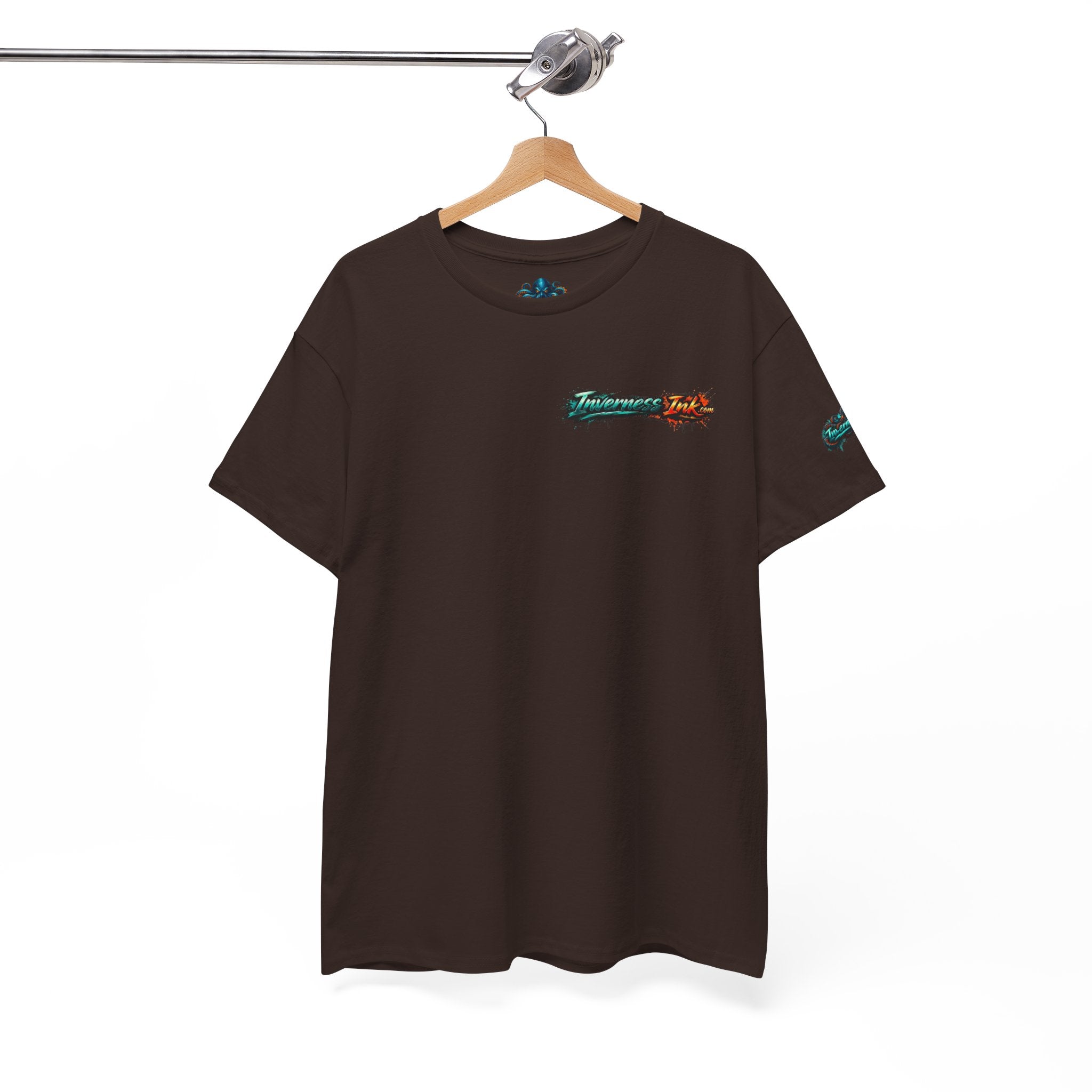 Inverness Ink Graphic Tee — Bold Blue & Orange Splash Backprint