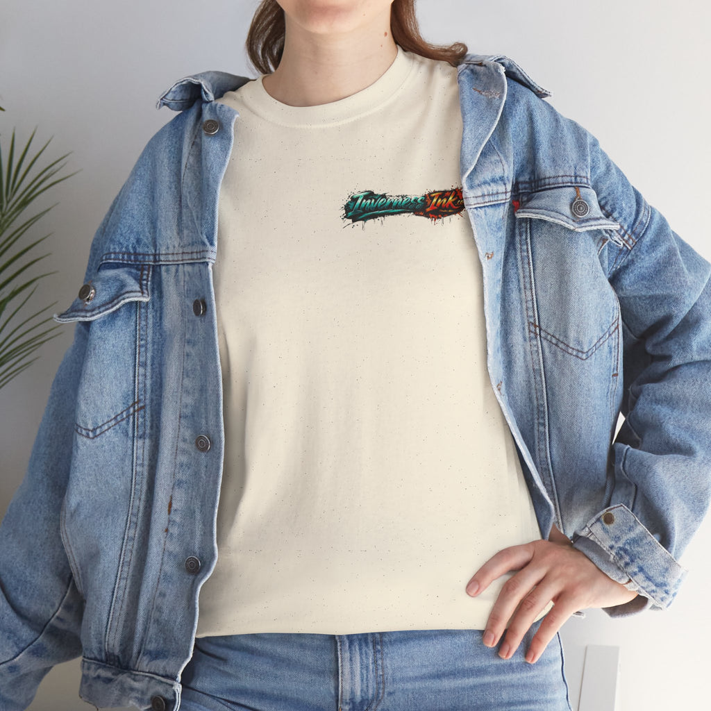 Inverness Ink Graphic Tee — Bold Blue & Orange Splash Backprint