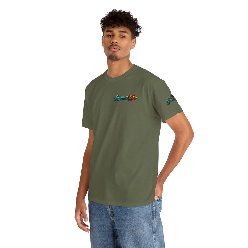 Inverness Ink Graphic Tee — Bold Blue & Orange Splash Backprint