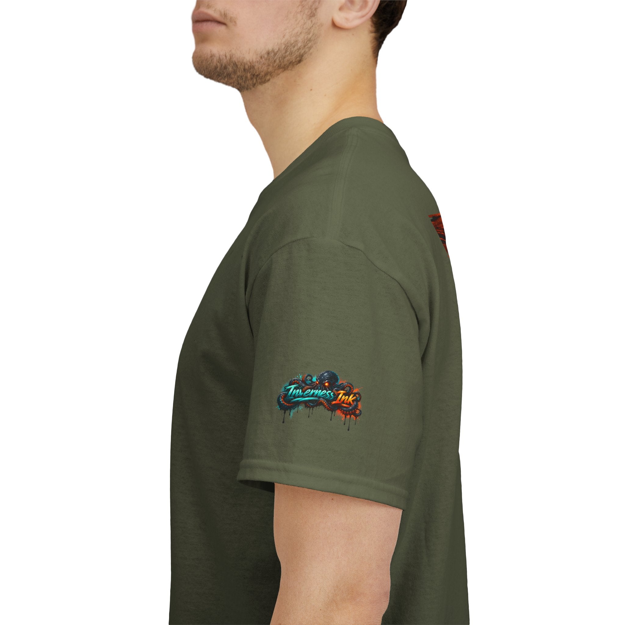 Inverness Ink Graphic Tee — Bold Blue & Orange Splash Backprint