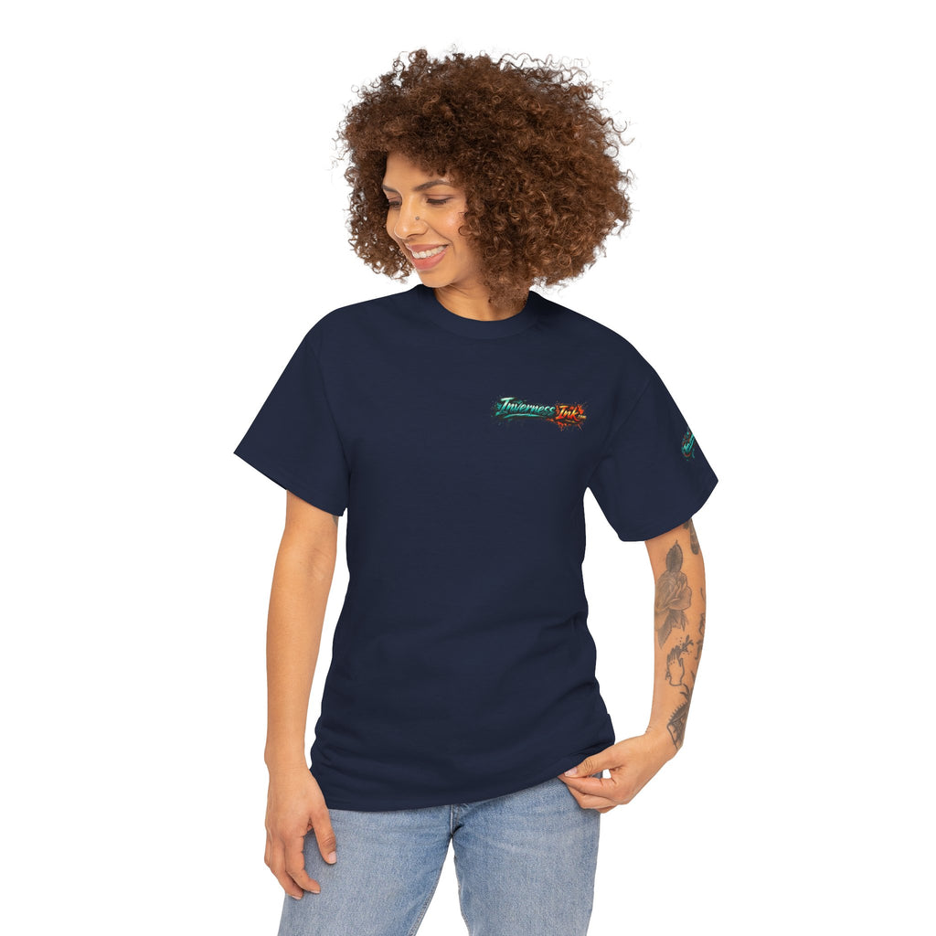 Inverness Ink Graphic Tee — Bold Blue & Orange Splash Backprint