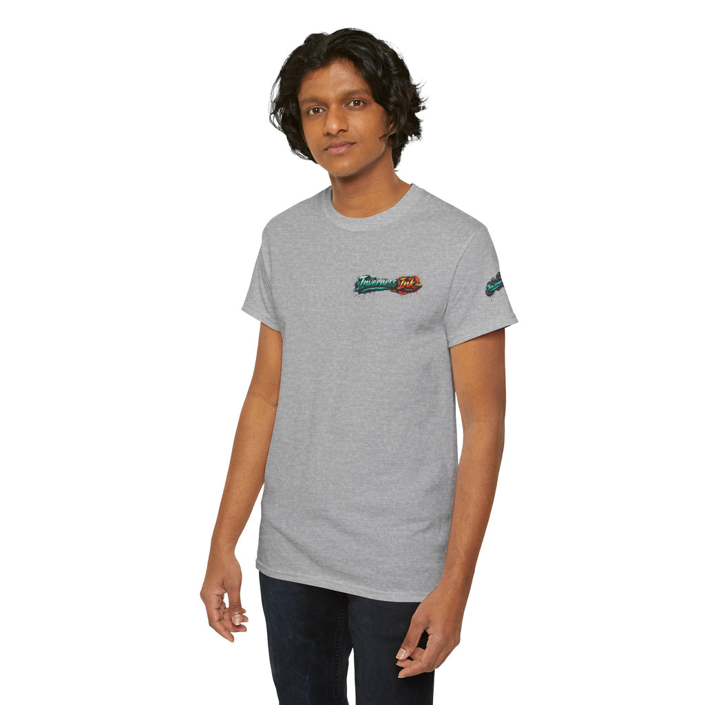 Inverness Ink Graphic Tee — Bold Blue & Orange Splash Backprint
